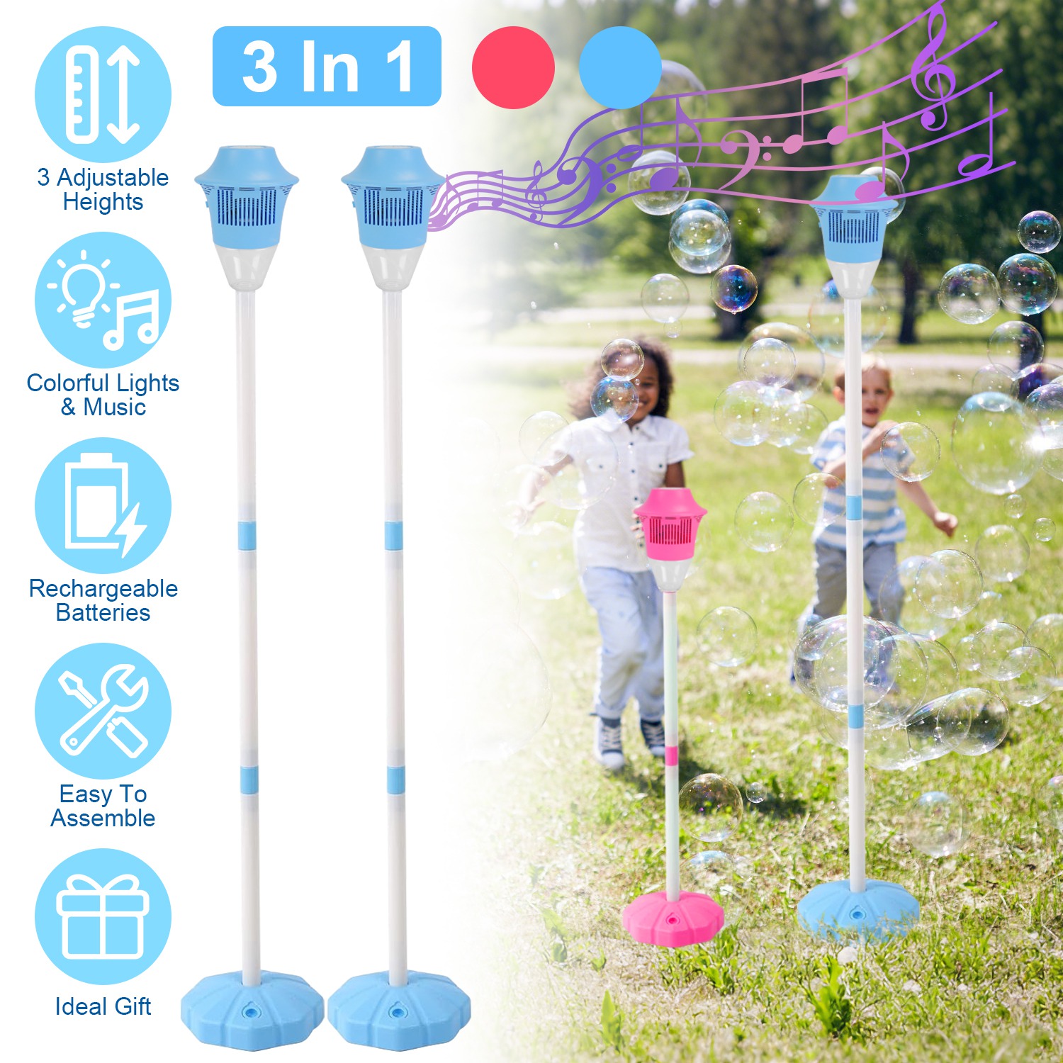 2Pack 3 In 1 Standing Bubble Machines with Colorful Lights and Music Rechargeable Bubble Maker Stands with 2 Modes 3 Adjustable Height for Party Weddi - Image 6