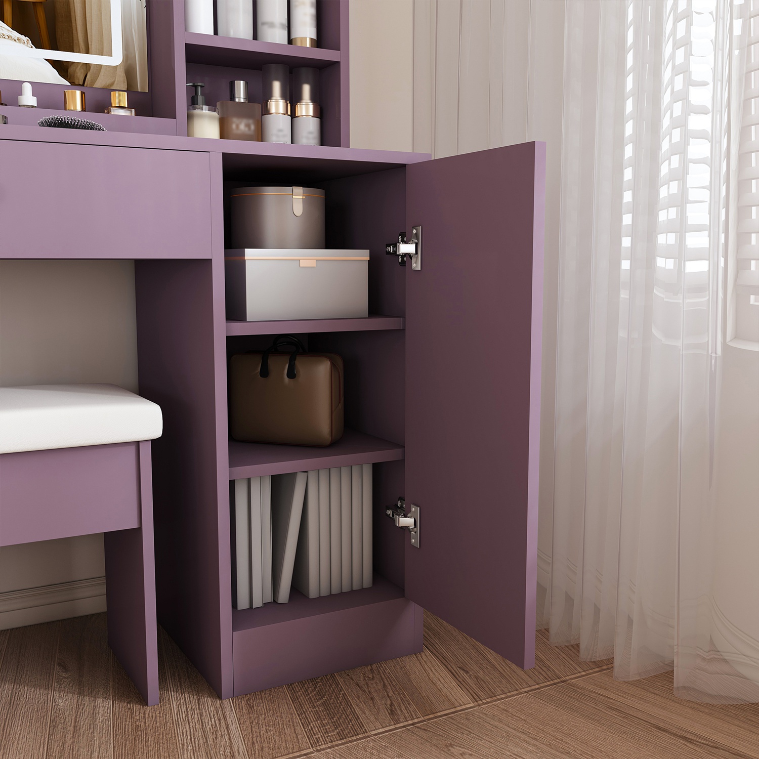 Purple Vanity Desk Set with LED Strip Lighted Mirror & Padded Stool, Modern Makeup Vanity with 3 Color Modes, Bedroom Dressing Table Combo - Image 10
