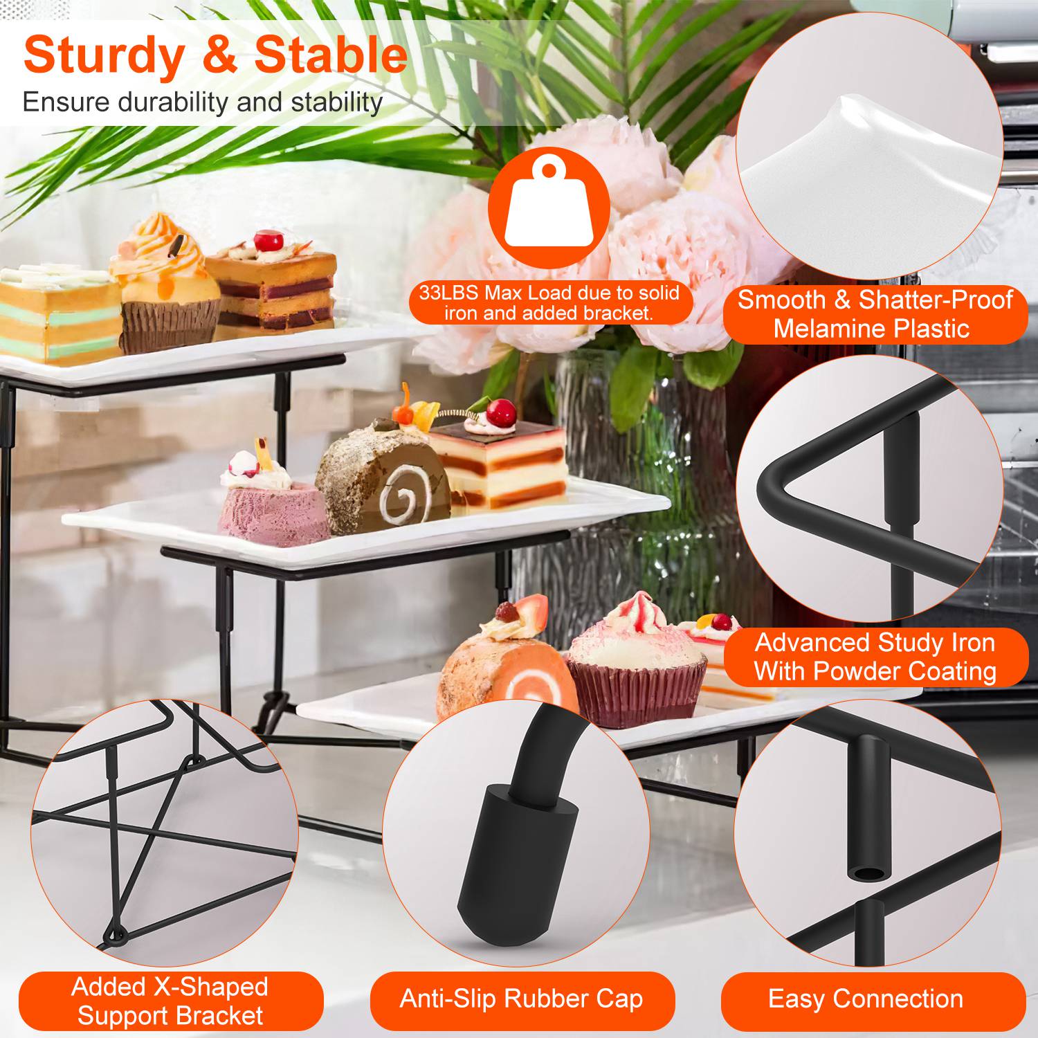 3-Tier Plastic Serving Tray Dessert Server Display Serving Stand Dinnerware with 3 Rectangular Plastic Serving Platters Metal Stand for Entertaining F - Image 6