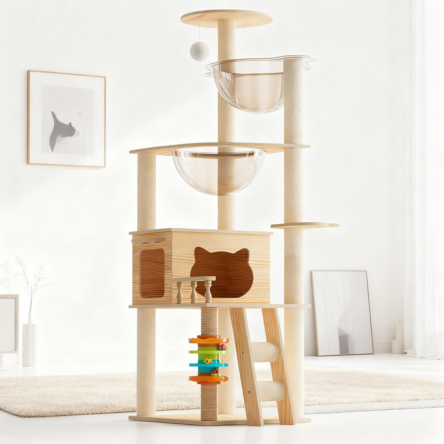 59" Modern Cat Tower for Indoor Cats Wooden Cat Tree with Dual Acrylic Capsules Cat Condo Sisal Scratching Posts Top Perch & Auxiliary Stairs Multi-Le - Image 10