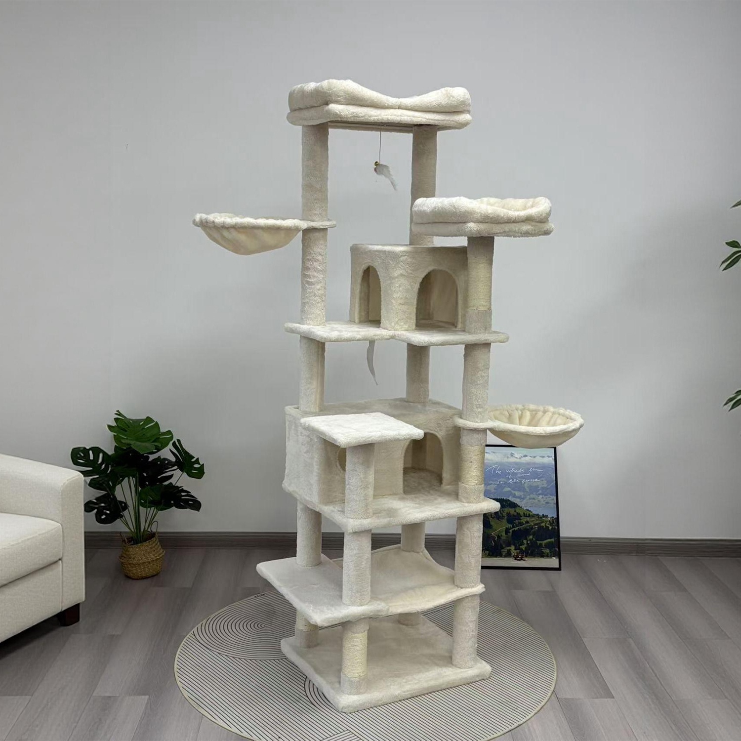 68in Multi-Level Cat Tree Tower with Hammocks, Cat Condo, Hanging Basket, Removable Cushions & Sisal Scratching Posts, Plush Cat Activity Center for I - Image 9