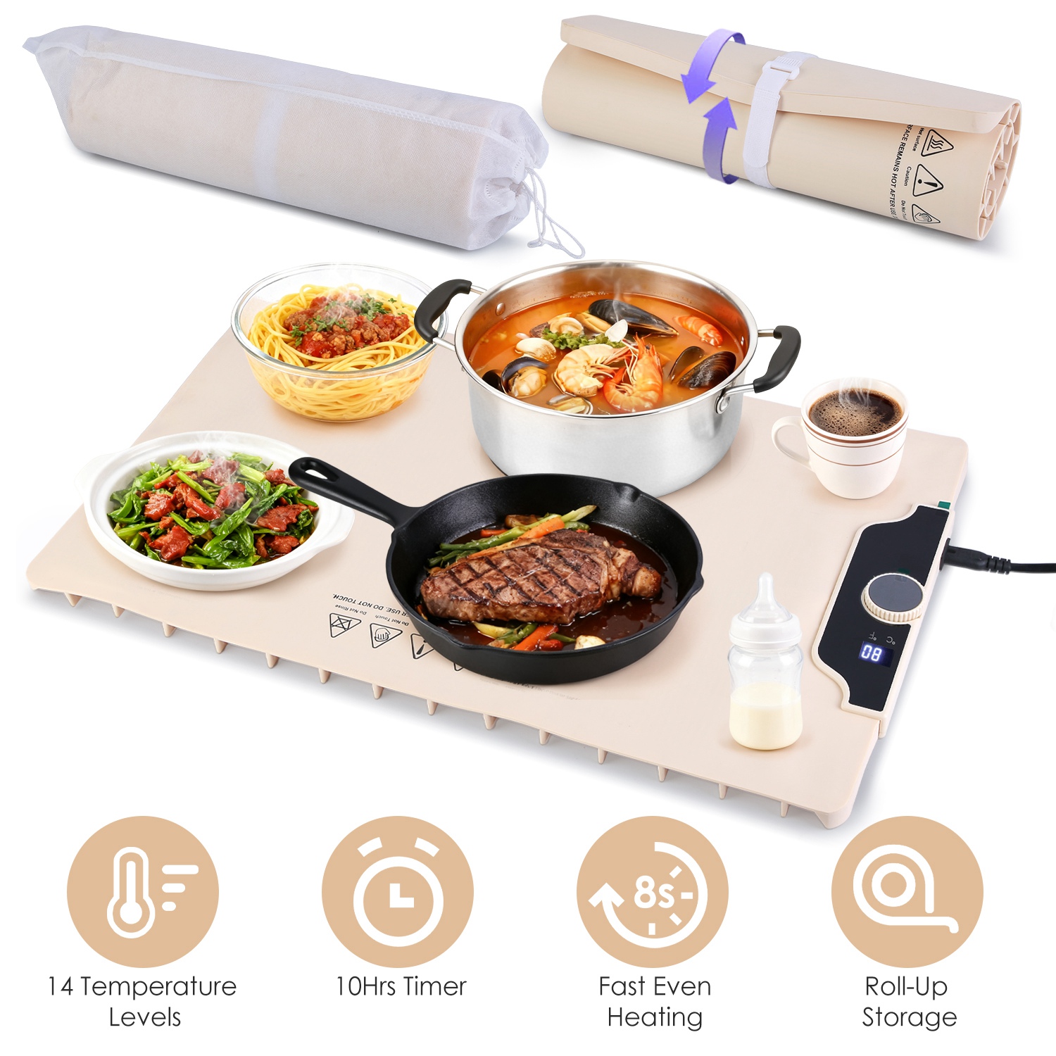 Food Warming Mat 23.6X15.8In 300W Fast Heating Electric Silicone Food Warmer With 14 Temp Levels 10Hrs Timer Settings Roll-Up Portable Hot Plates Heat - Image 4