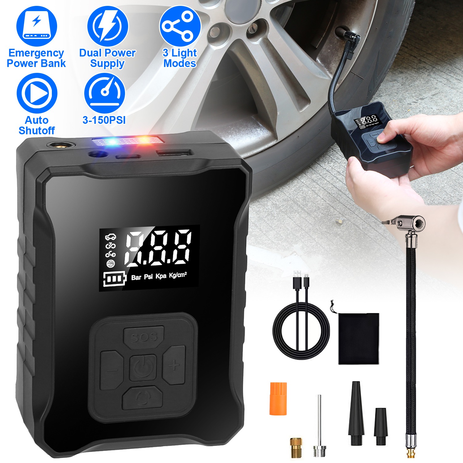 150PSI Cordless Tire Inflator Digital Air Compressor with LED Light Emergency Power Bank for Cars Motorcycles Bicycles Balls - Image 7