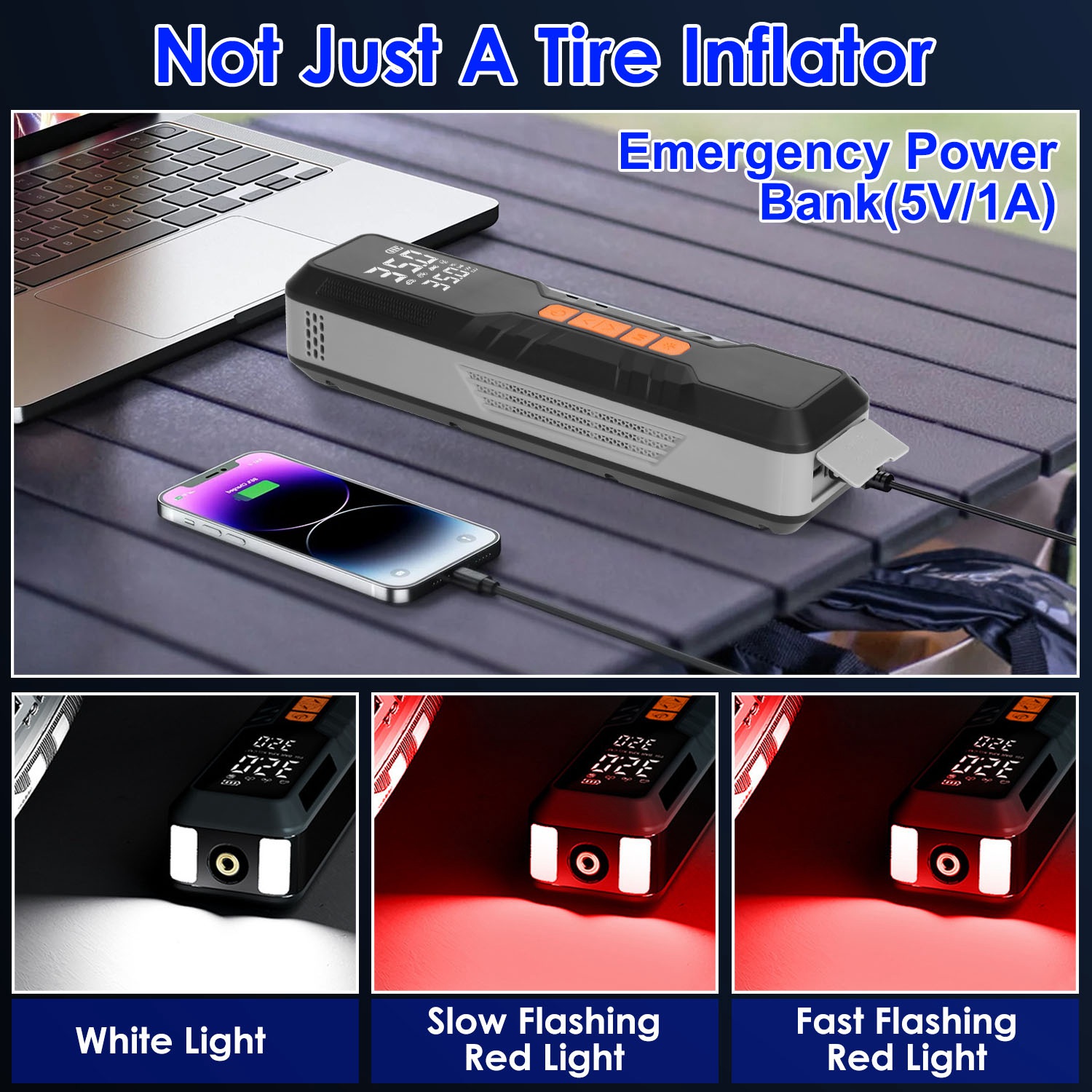 150PSI Portable Tire Inflator Cordless Digital Air Compressor Compact Air Pump with 5 Inflation Modes 3 Light Modes Emergency Power Bank - Image 10