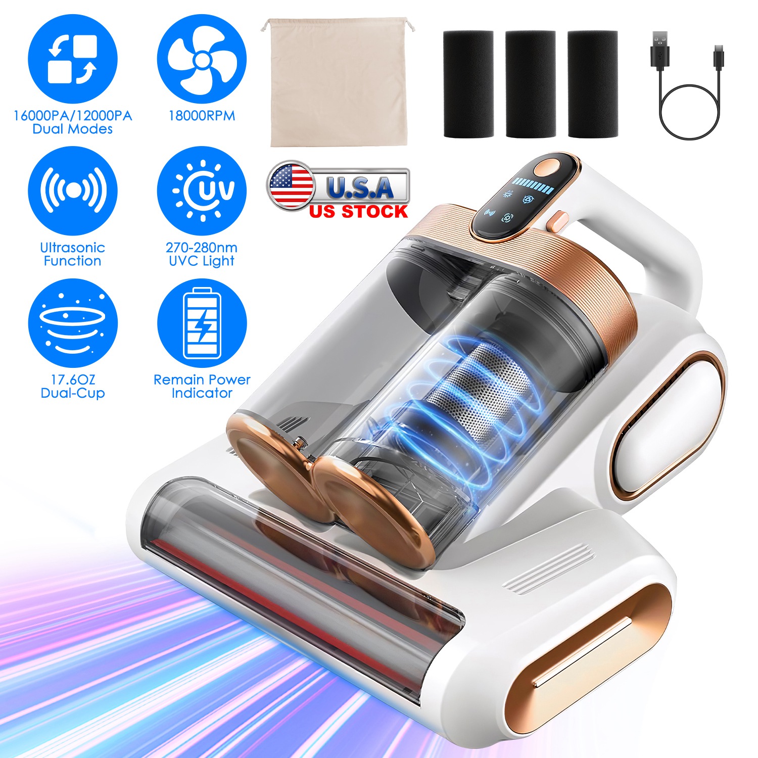 Mattress Vacuum Cleaner 16Kpa Bed Vacuum Cleaner Handheld Vacuums with Ultrasonic & UVC Light 18000 RPM Brushroll Rotation Dual Dust Bins Washable Fil - Image 4