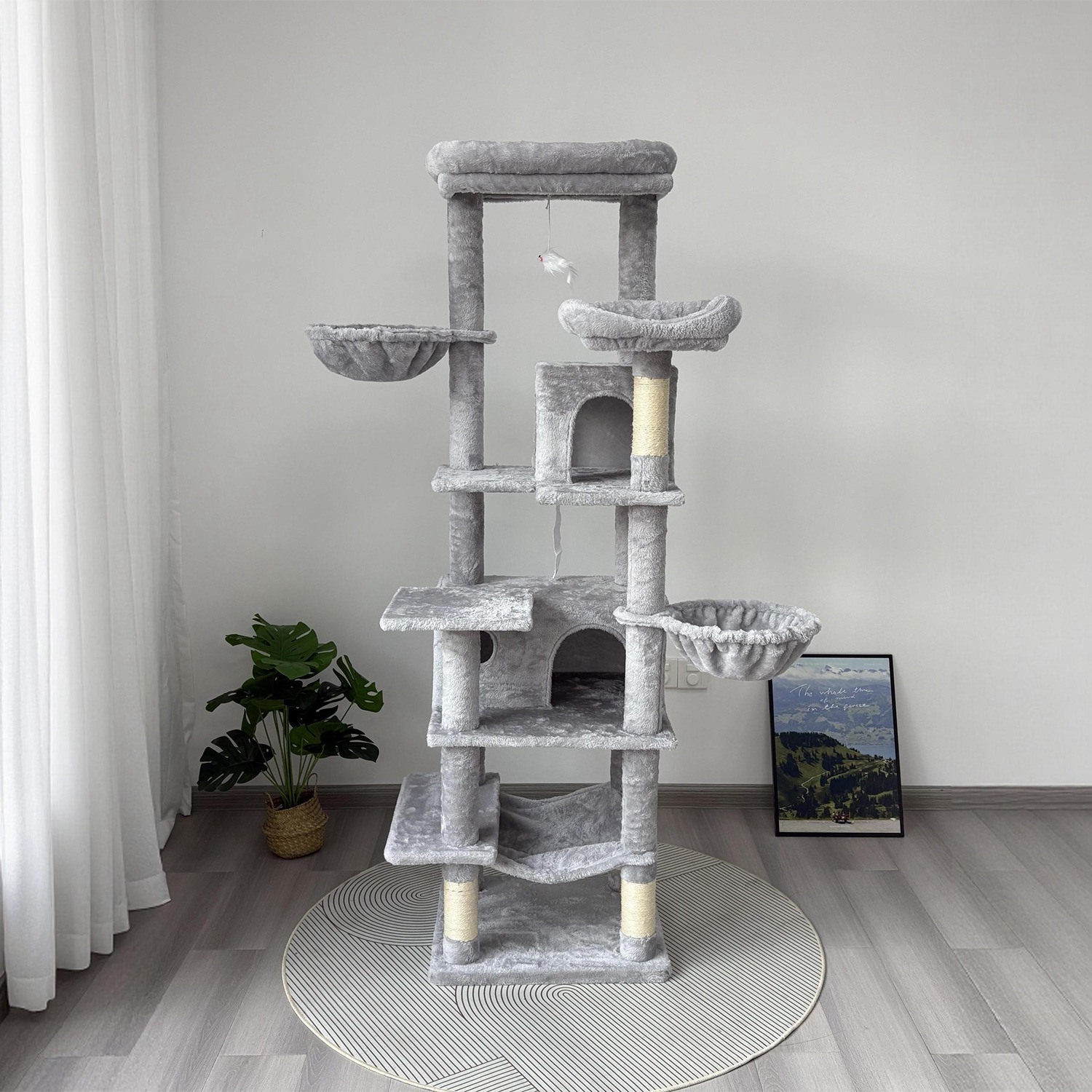 68in Multi-Level Cat Tree Tower with Hammocks, Cat Condo, Hanging Basket, Removable Cushions & Sisal Scratching Posts, Plush Cat Activity Center for I - Image 7