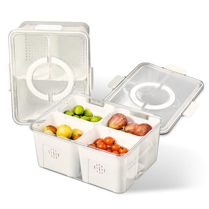 2Pack Airtight Fruit Storage Containers 4-Compartment Food Storage Containers Fruit Vegetable Organizers with 8 Removable Colanders for Fridge Picnic