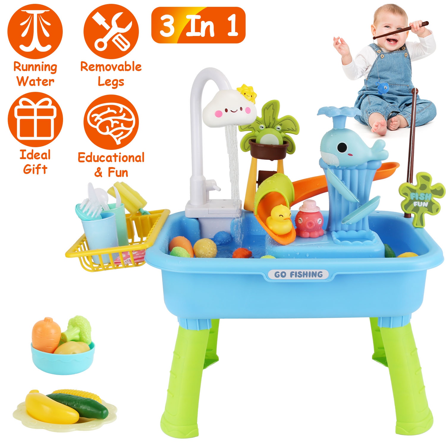 3 In 1 Kitchen Sink Toy with Electric Faucet Water Table Fishing Game Role Play Sink Set Indoor Outdoor for Kids Aged 3+ Years Old - Image 6