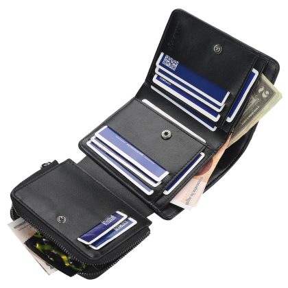 Men’s Leather Wallet ID Card Holder Purse Trifold Clutch Money Zipper with ID Window14 Credit Card 1 ID Card