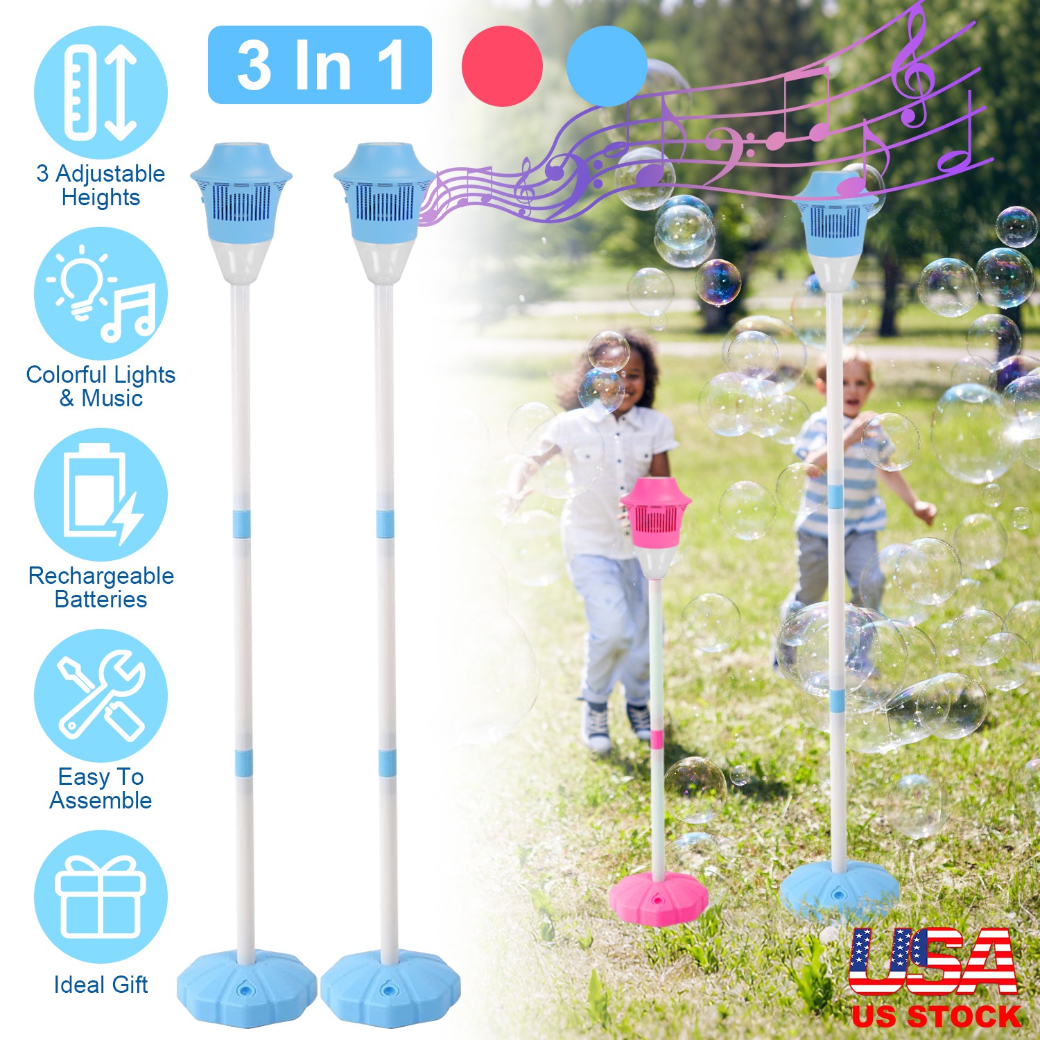2Pack 3 In 1 Standing Bubble Machines with Colorful Lights and Music Rechargeable Bubble Maker Stands with 2 Modes 3 Adjustable Height for Party Weddi - Image 8