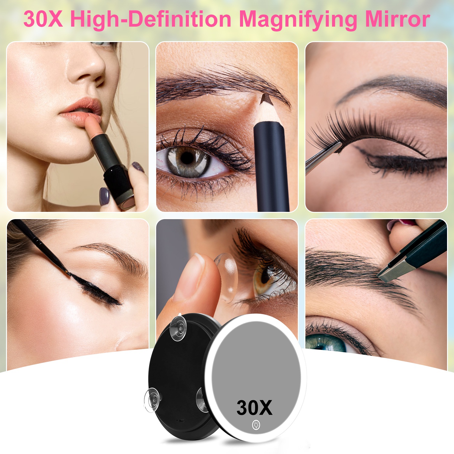 30X Magnifying Mirror With Light 3 Colors Dimmable Brightness Included Tweezer Scissor
Travel Magnifying Makeup Mirror with Suction Cup 360° Adjusta - Image 10