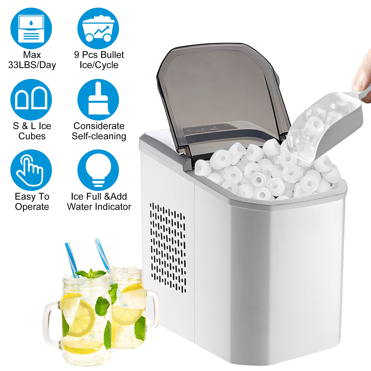 Electric Countertop Ice Maker with Ice Scoop Basket Self-cleaning Max 33LBS/24Hrs Ice Making Machine Bullet Ice Machine for Home Kitchen Office Party - Image 2