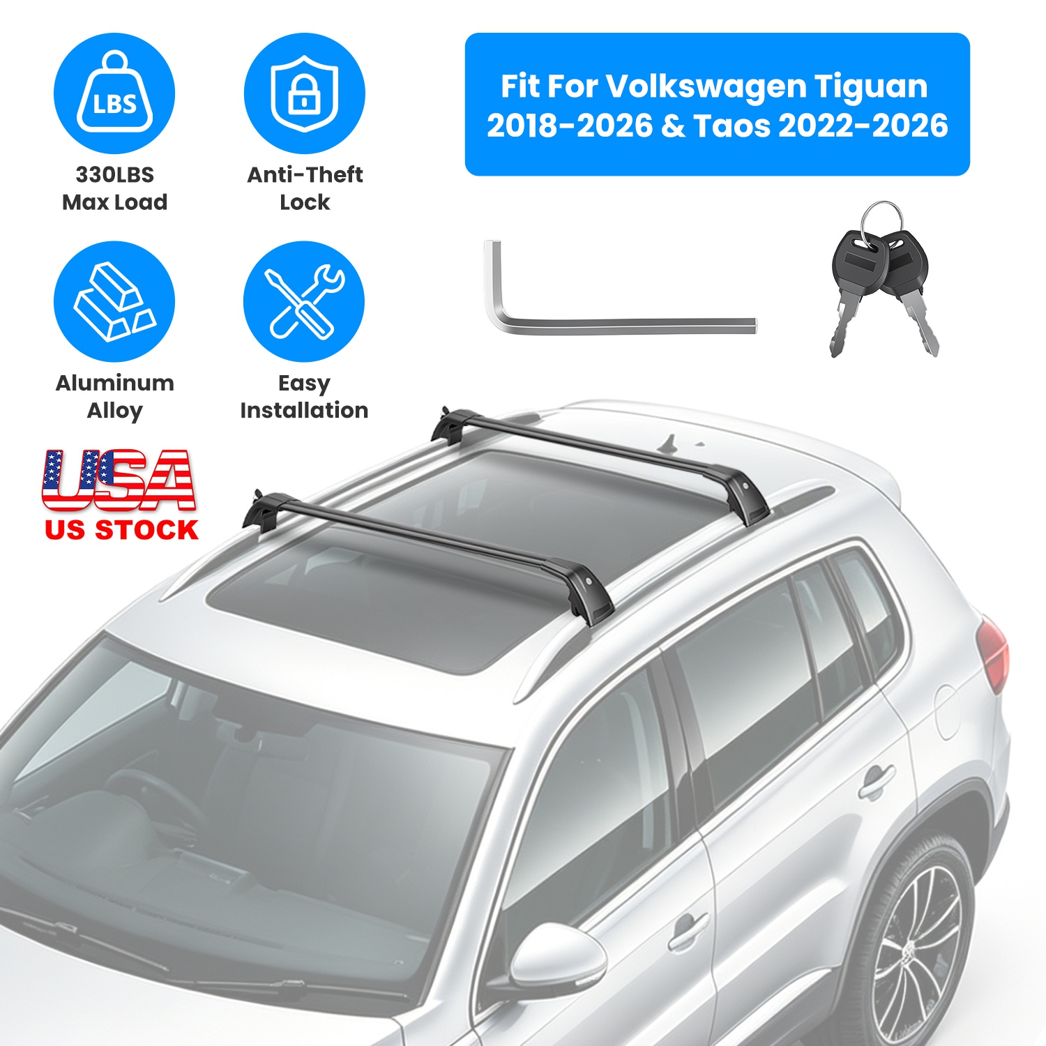 Roof Rack Cross Bars Fit for Volkswagen Tiguan 2018-2026 & Taos 2022-2026 with Factory Raised Side Rails Lockable Aluminum Roof Cargo Carrier Bars 330 - Image 8
