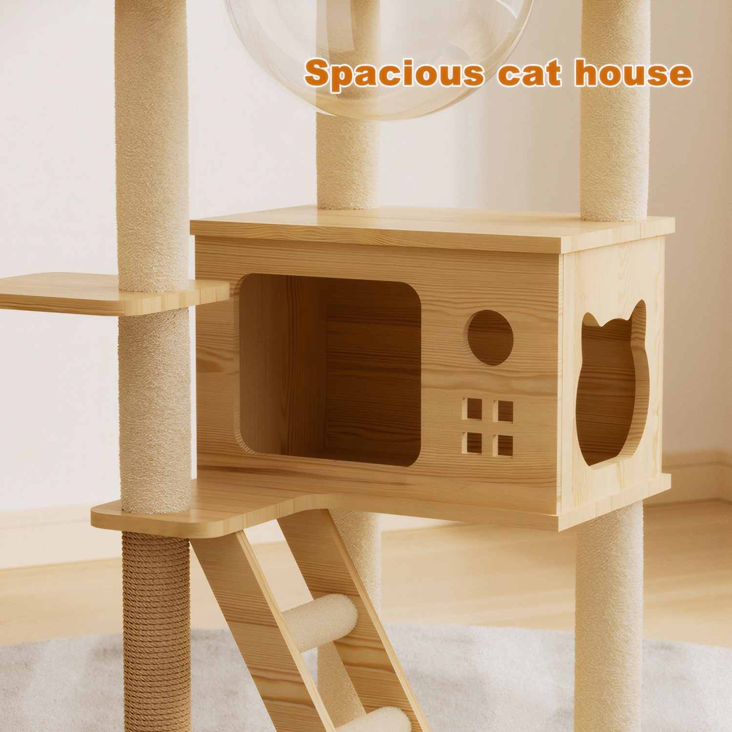 48.4" Modern Wood Cat Tree Tower, Multi-Level Cat Condo with Acrylic Hammock, Sisal Scratching Posts & Top Perch, Cat Tower for Indoor Cats - Image 5
