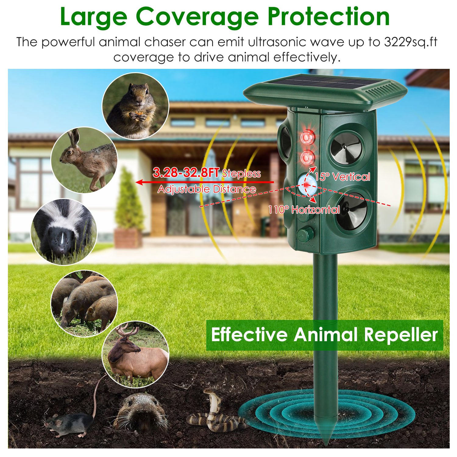 Solar Ultrasonic Animal Repeller Solar Powered Animal Repellent Chaser with PIR Motion Sensor IP54 Waterproof Sound Flashing Light for Deer Raccoon Sq - Image 8