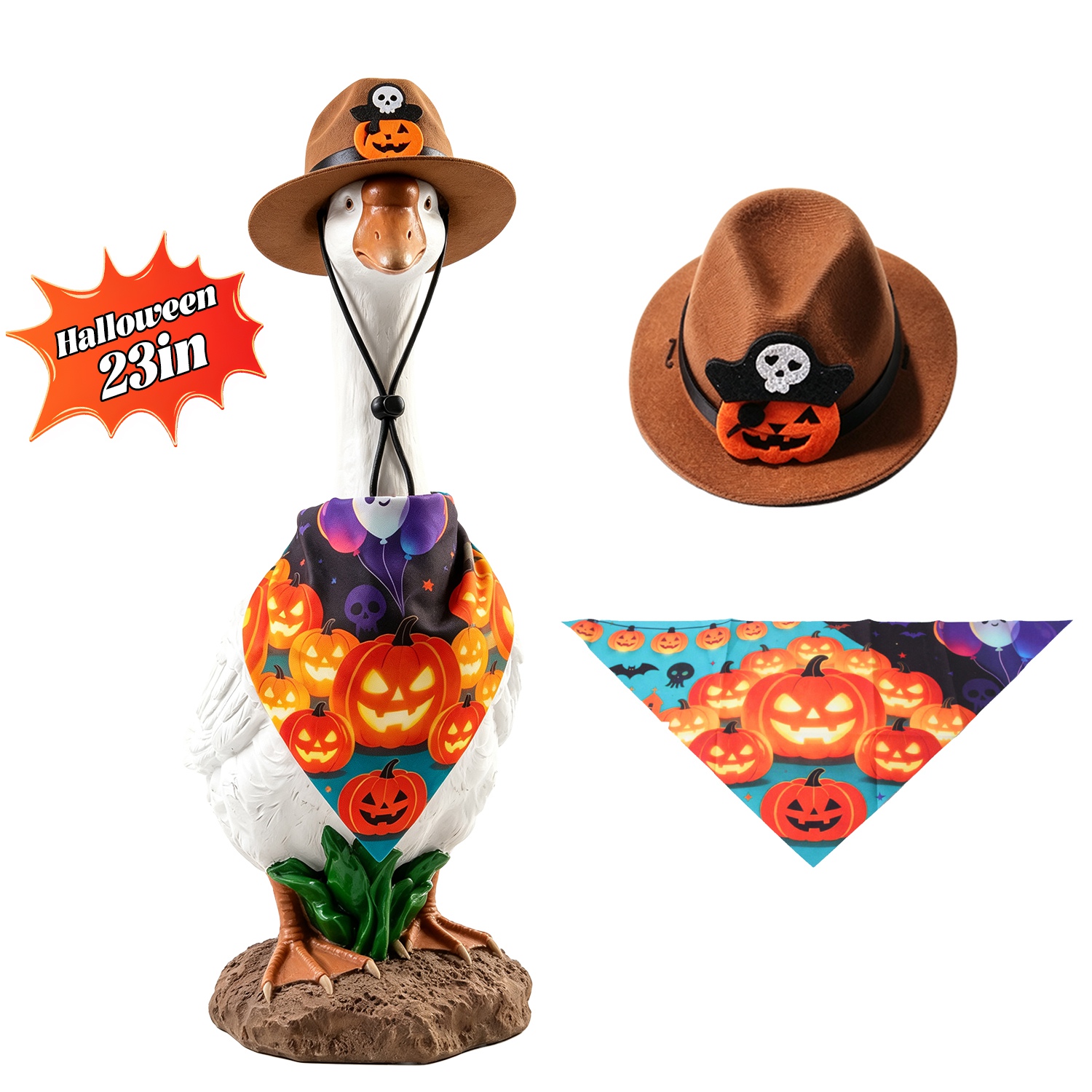 Porch Goose Halloween Costume for 23" Goose Statue Pumpkin Bandana & Cowboy Hat Halloween Yard Decor