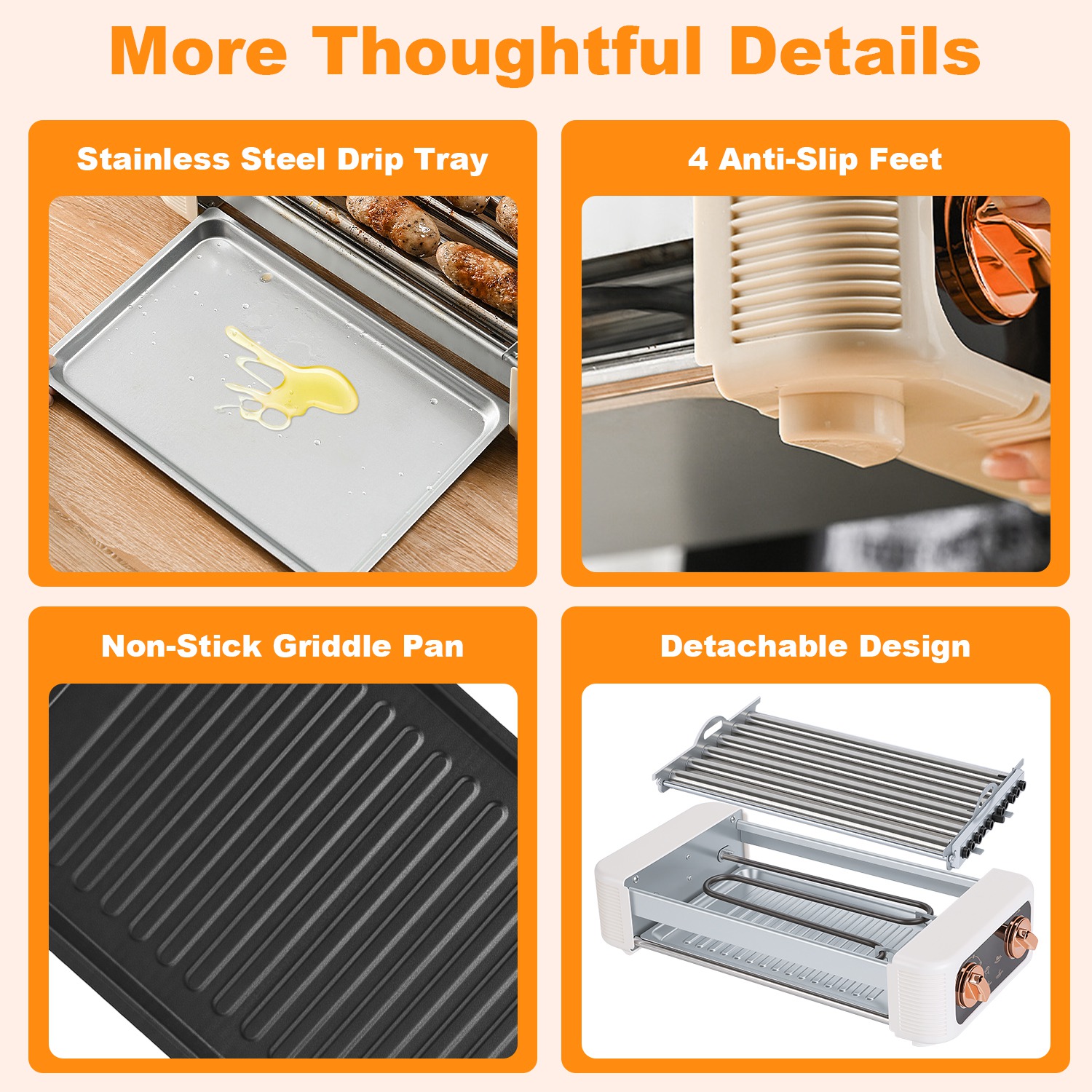 3 In 1 Electric Hot Dog Roller Machine with Grill & Griddle 6-Roller Hot Dog Cooker Smokeless Non-Stick Indoor Outdoor with 3 Temp Levels for BBQ Saus - Image 9