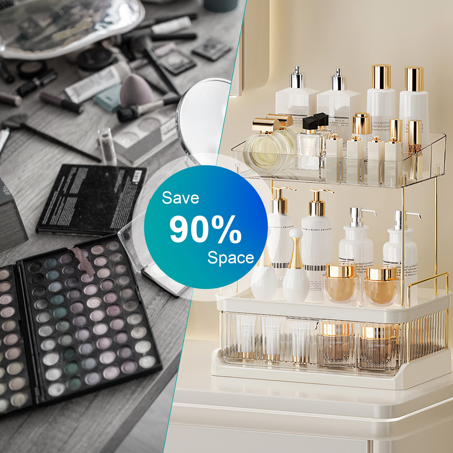 3 Tier Makeup Organizer for Vanity Large Capacity Skincare Shelf Bathroom Countertop Organizer with Drawer for Lipsticks Lotion Toner Perfumer Masks - Image 6
