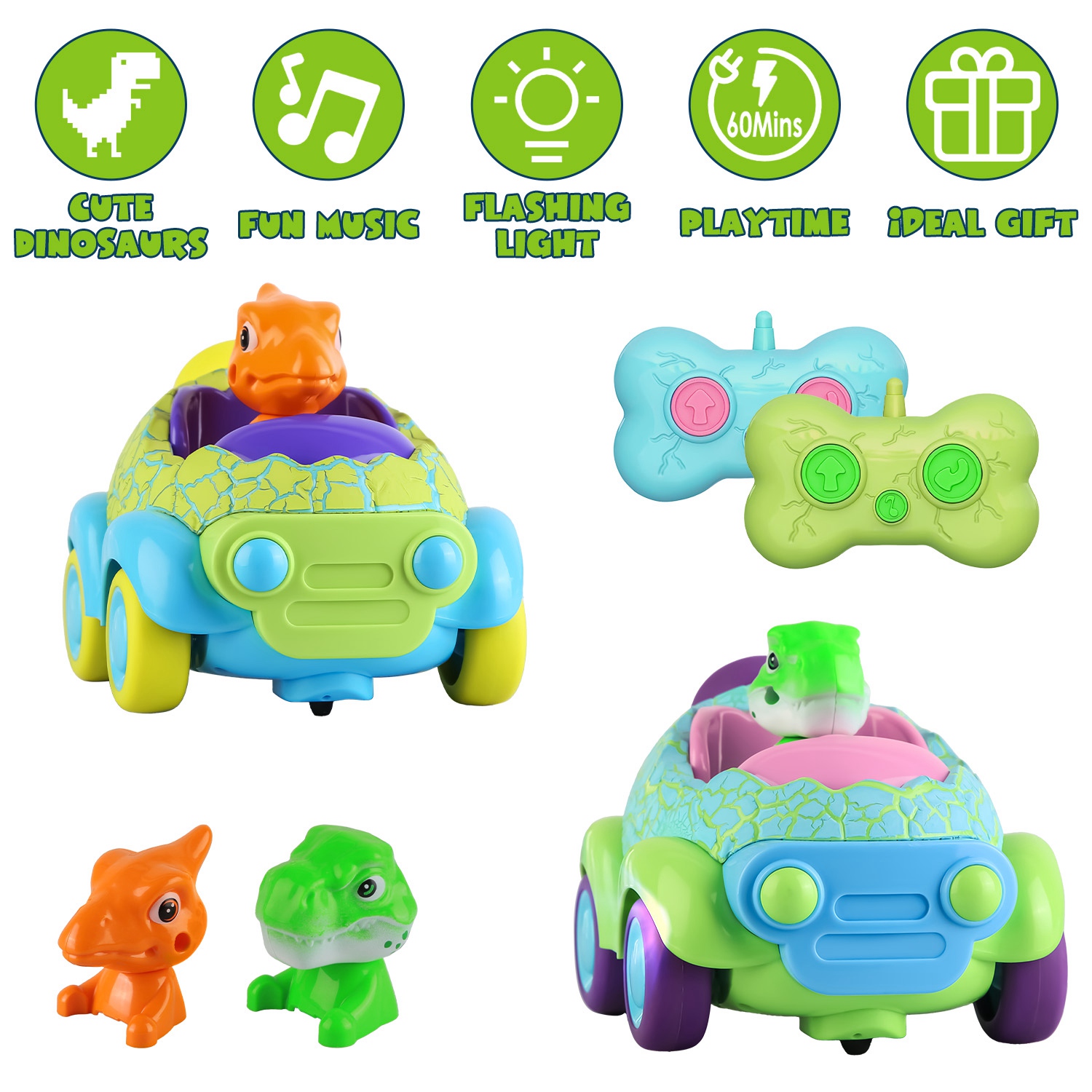 2Pack Dinosaur Remote Control Cars for Toddlers Rechargeable RC Cars with Light Music Birthday Gift For Boys Girls Aged 3 4 5 6 Years Old - Image 4