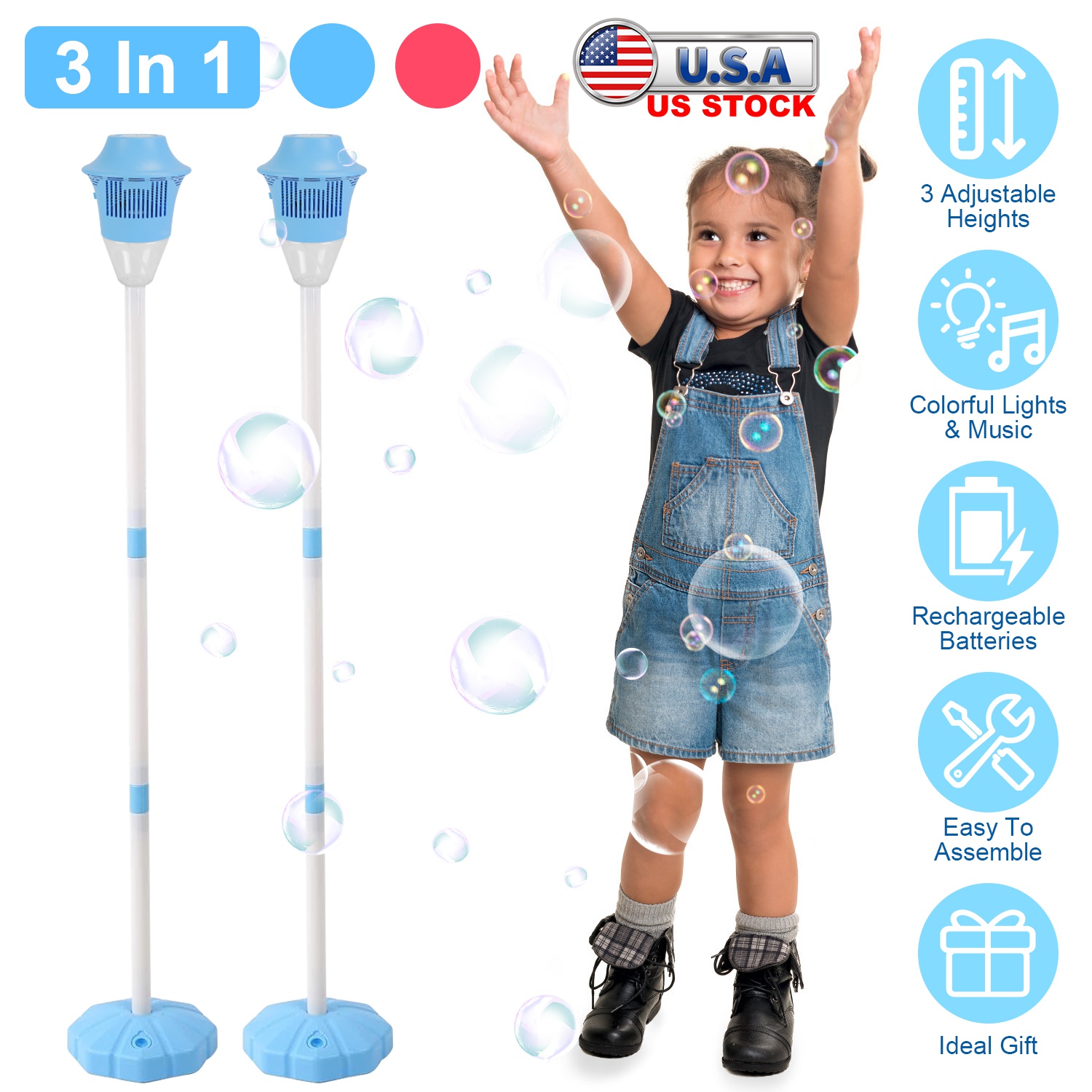 2Pack 3 In 1 Standing Bubble Machines with Colorful Lights and Music Rechargeable Bubble Maker Stands with 2 Modes 3 Adjustable Height for Party Weddi - Image 9