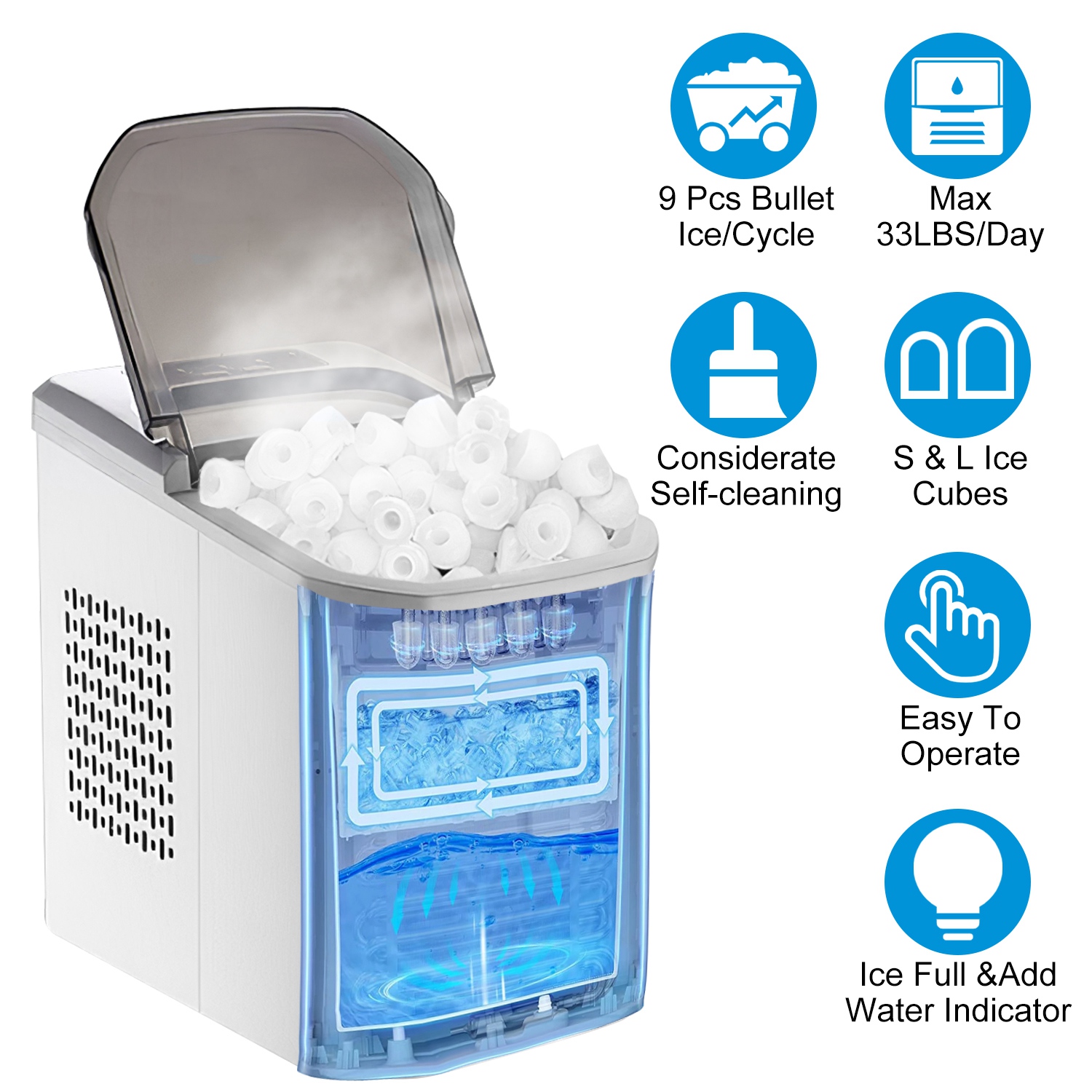 Electric Countertop Ice Maker with Ice Scoop Basket Self-cleaning Max 33LBS/24Hrs Ice Making Machine Bullet Ice Machine for Home Kitchen Office Party - Image 3