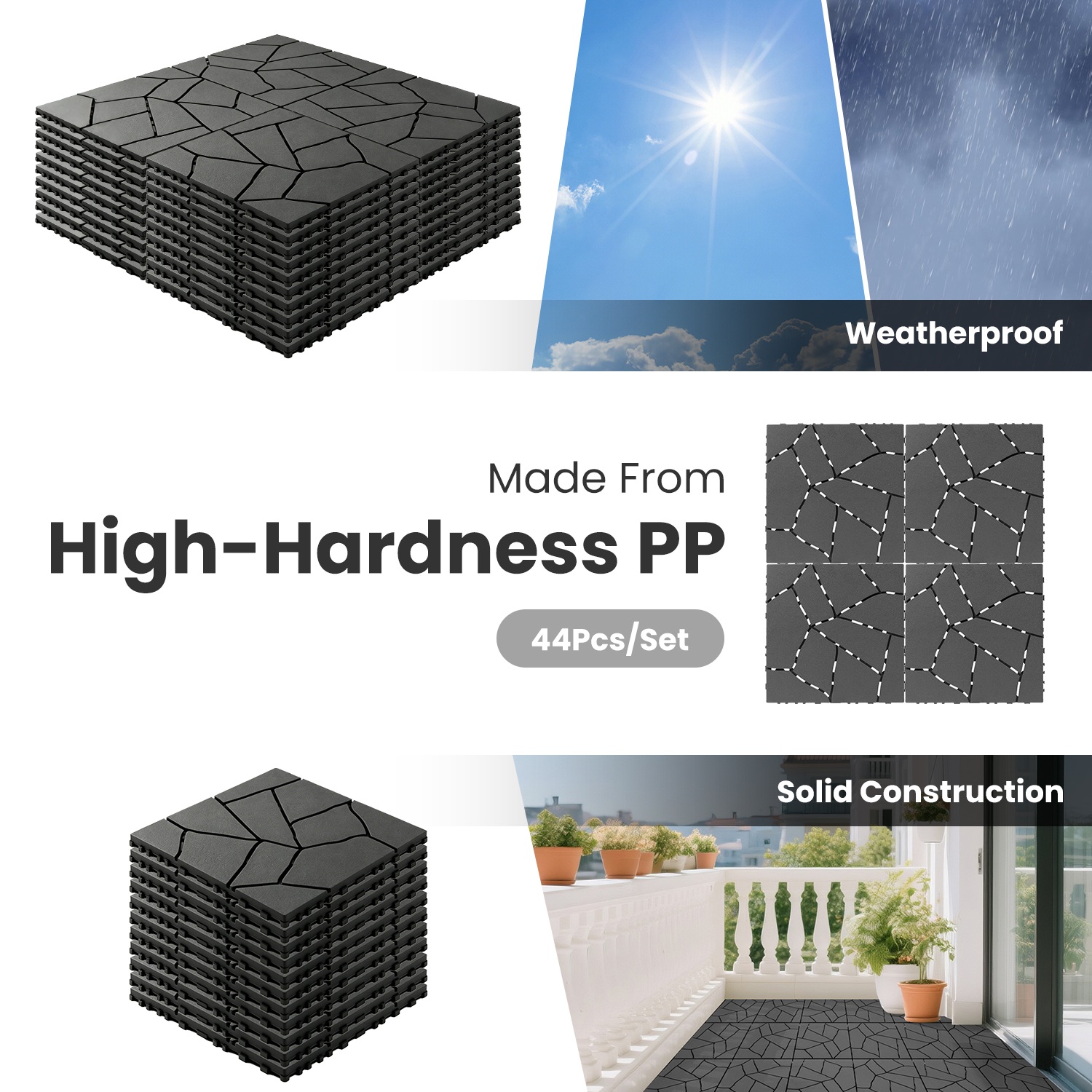 44Pcs Per Set 12 Inch Stone Pattern Interlocking Patio Deck Tiles, DIY Modular Outdoor Indoor Flooring Tiles, Waterproof PP Interlock Floor Tile for B - Image 7