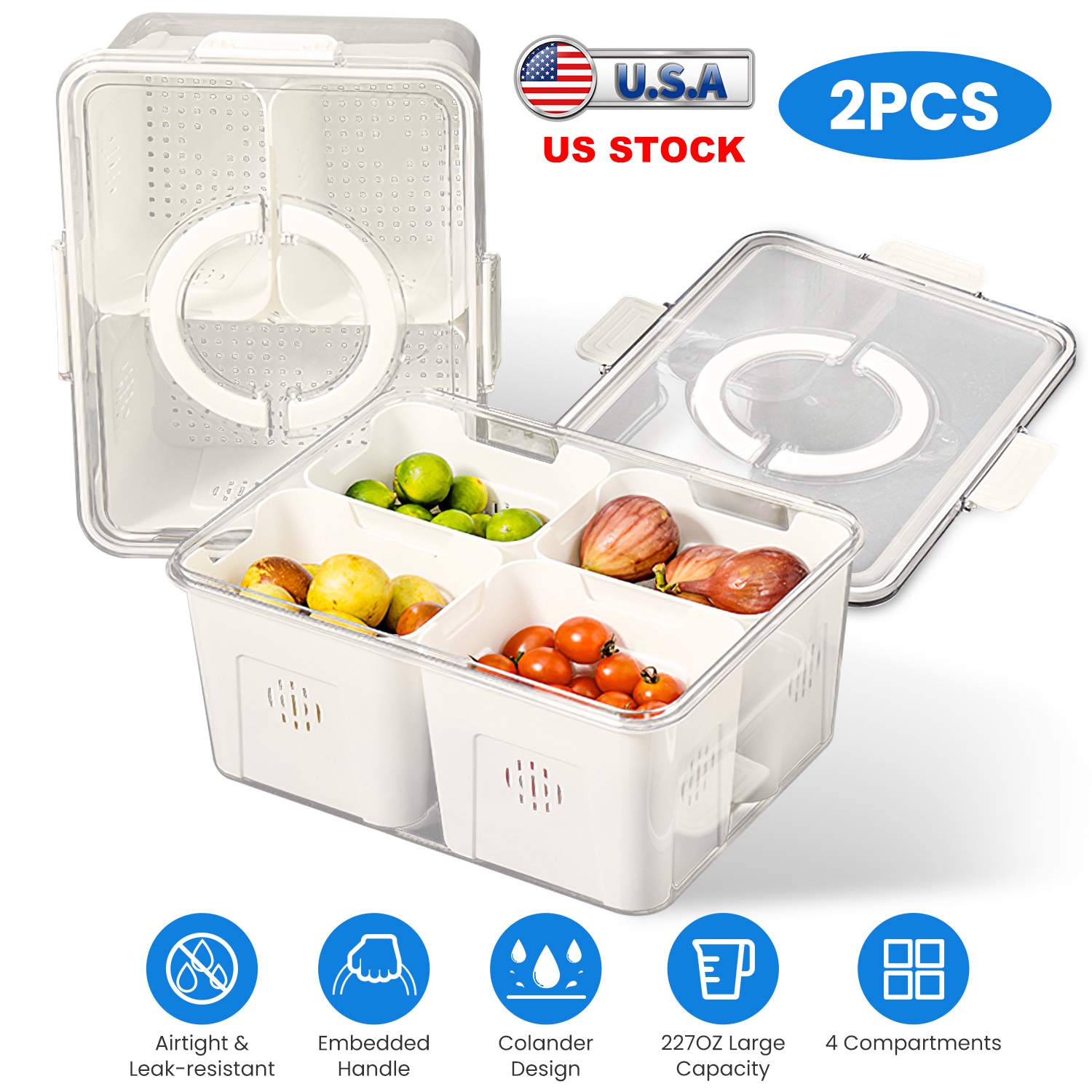 2Pack Airtight Fruit Storage Containers 4-Compartment Food Storage Containers Fruit Vegetable Organizers with 8 Removable Colanders for Fridge Picnic - Image 7