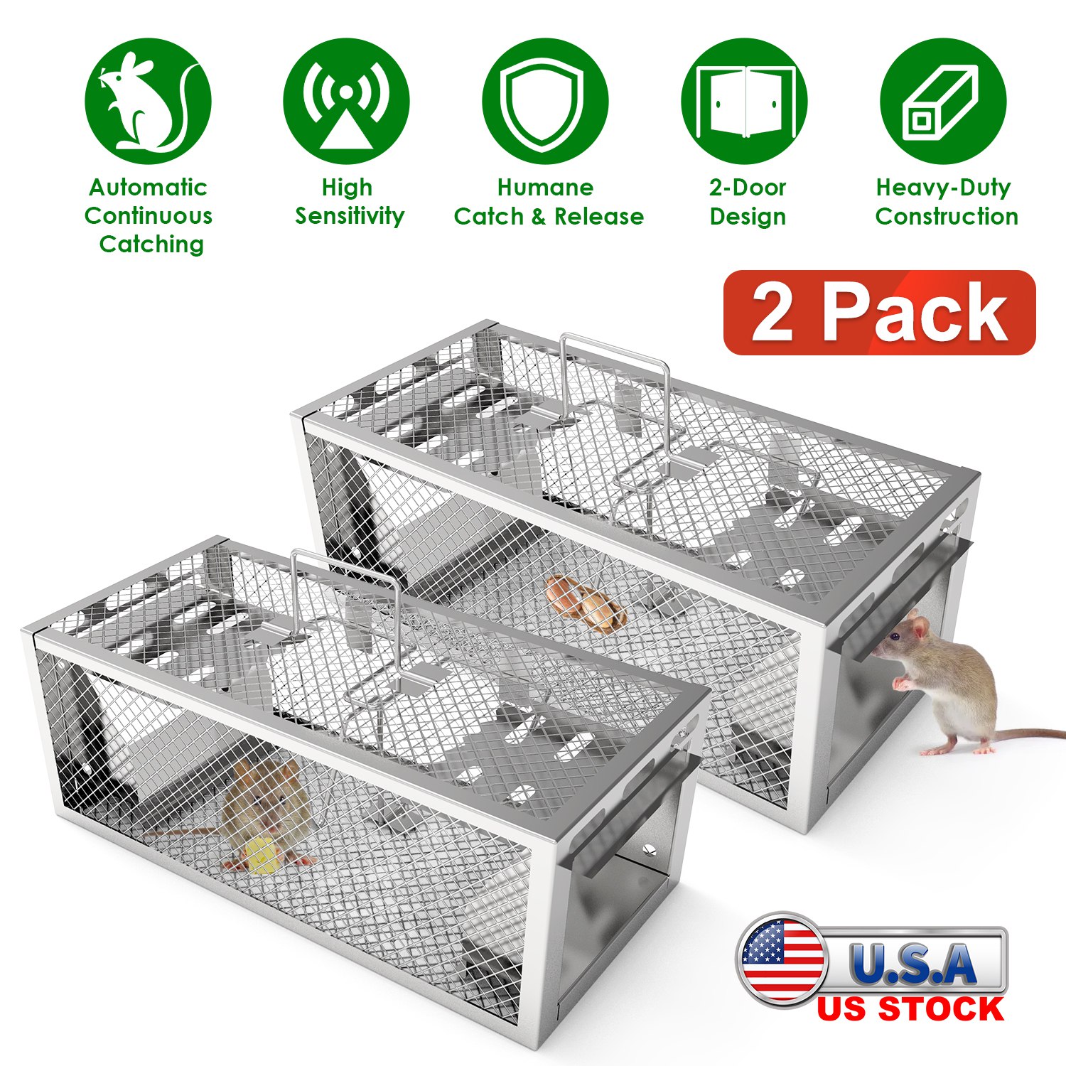 2Pack 11.81x5.63x4.45In 2-Door Humane Rat Trap Automatic Continuous Mouse Trap Reusable Galvanized Iron Live Animal Cage - Image 3
