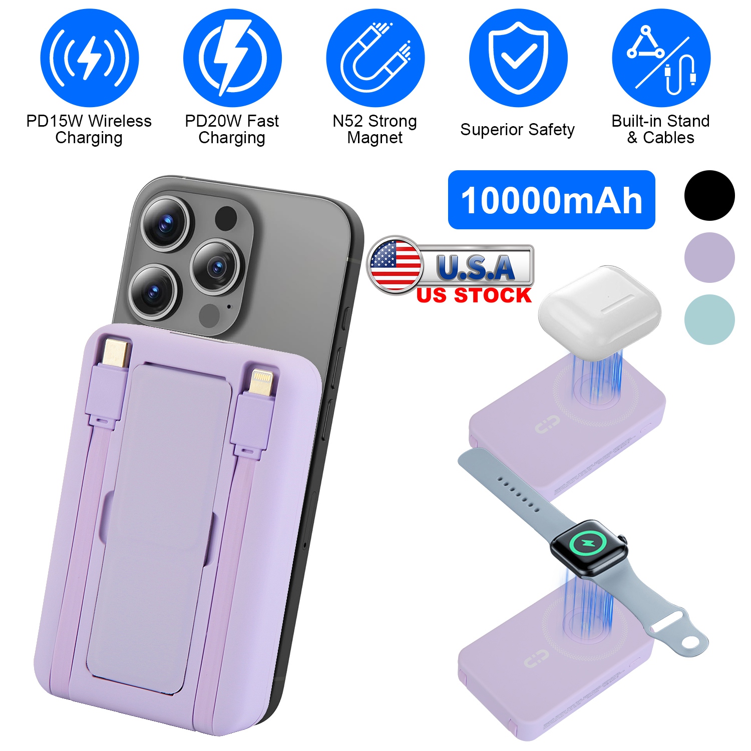 3 In 1 10000mAh MagSafe Fast Charging Power Bank PD20W Portable Charger with 2 Built In Cables Stand Fit for IOS Phone 16 15 13 Series And More - Image 10