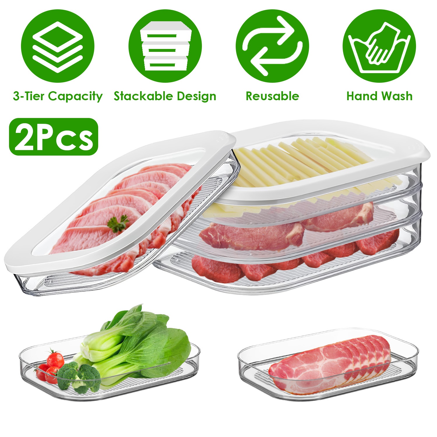 2Pcs Deli Meat Container With Lid for Fridge Stackable Bacon Container Clear Food Storage Box with Lid Meal Prep Container for Lunch Meat Salami Cold - Image 3
