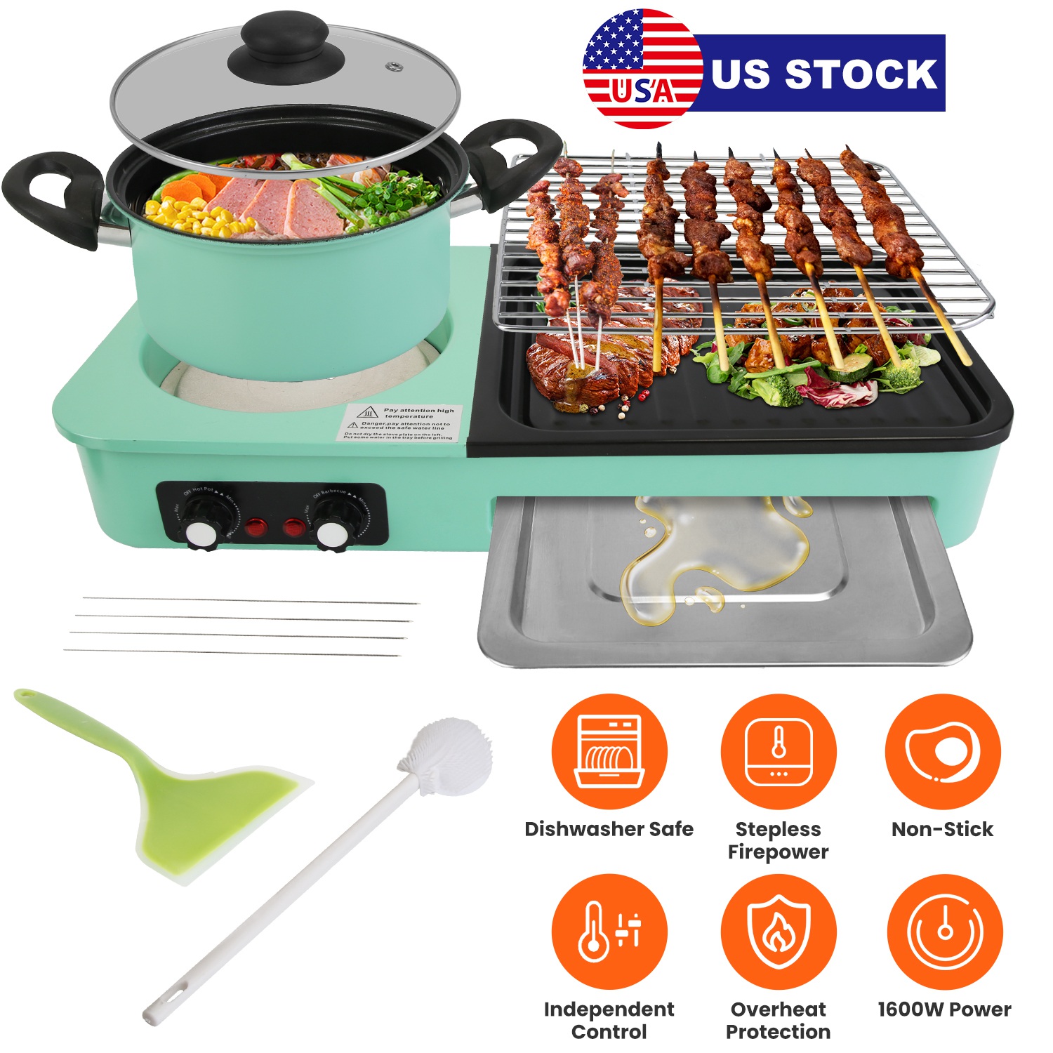 3 in 1 Electric Hot Pot with Grill 1600W Smokeless Non-Stick Korean BBQ Grill Shabu Shabu Hot Pot Combo with Independent Temperature Control for 3-5 P - Image 6