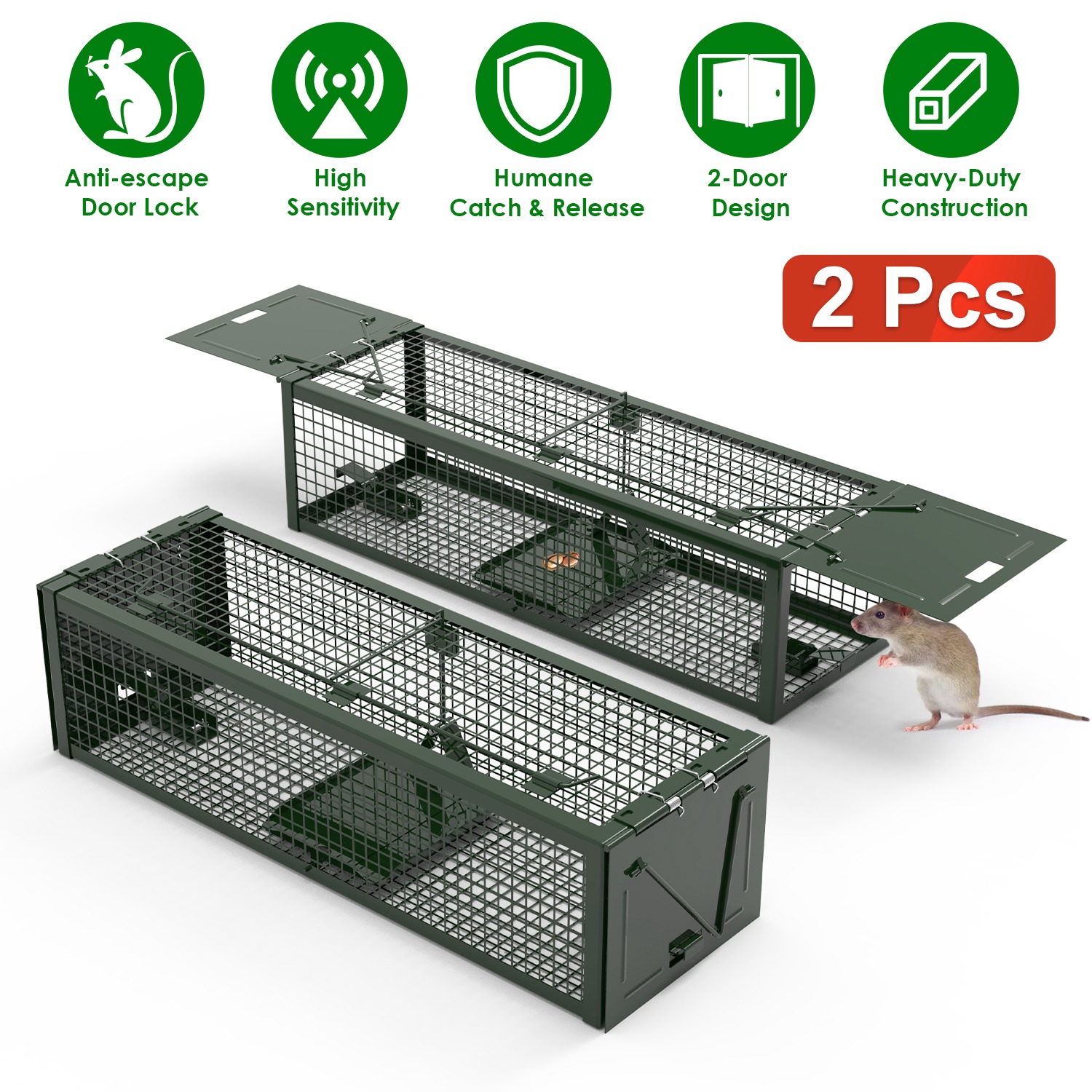 2Pack 15.35x4.72x3.94in 2-Door Humane Live Rat Trap Galvanized Iron Rodent Trap Cage Reusable for Home Garden Farm Warehouse - Image 6