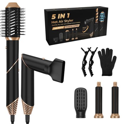 5 In 1 Hot Air Styler Straightener Curler Dryer Automatic Wrap Styler Hair Dryer Brush Set with 3 Temp Settings ALCI Plug Glove Cable Tie 2 Alligator