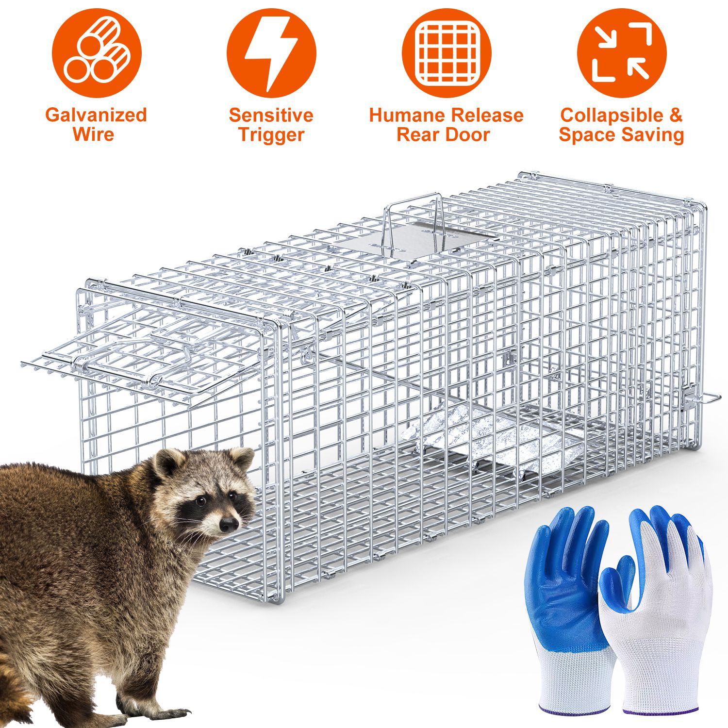 Live Animal Trap Cage 37x14x15in Folding Catch and Release Humane Cat Trap Galvanized Iron for Raccoons Foxes Coyotes Stray Dogs Armadillos Squirrels - Image 2