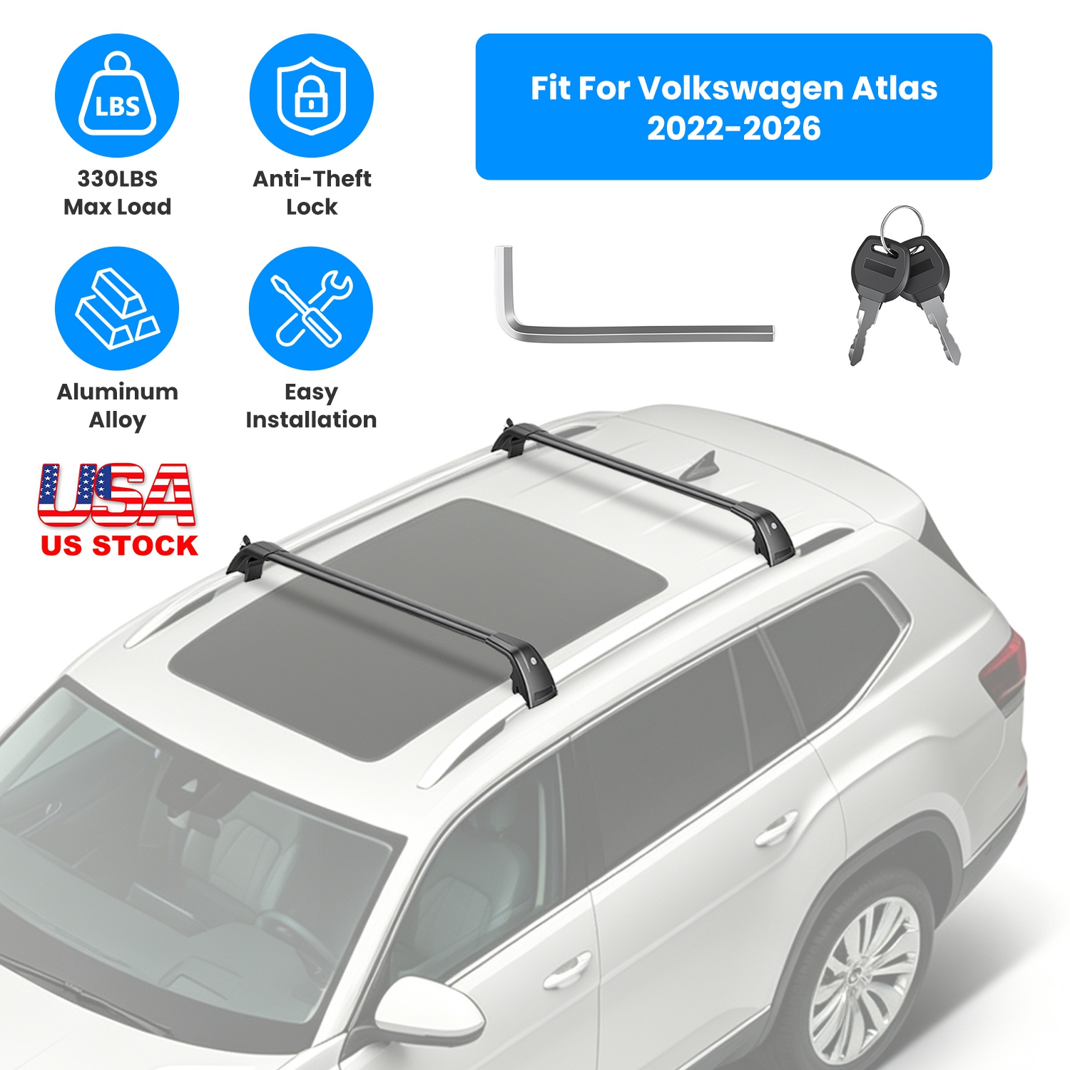Roof Rack Cross Bars Fit for Volkswagen Atlas 2022-2026 with Factory Raised Side Rails Lockable Aluminum Roof Rack Crossbars With Locks Anti-Theft Car - Image 4