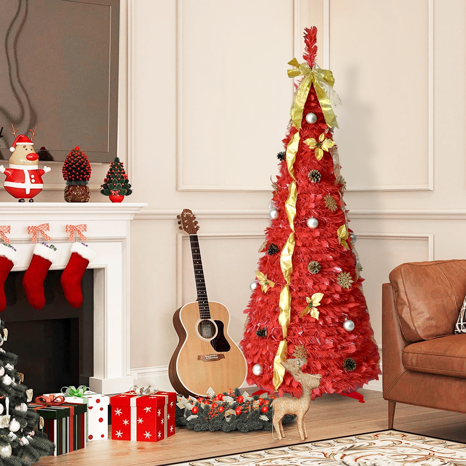 6FT Red Pre-Lit Pop-Up Christmas Tree with 150 Warm White LED Ribbons Bow Flowers Snowflakes Pine Cones Red Ornaments Collapsible Artificial Christmas - Image 6