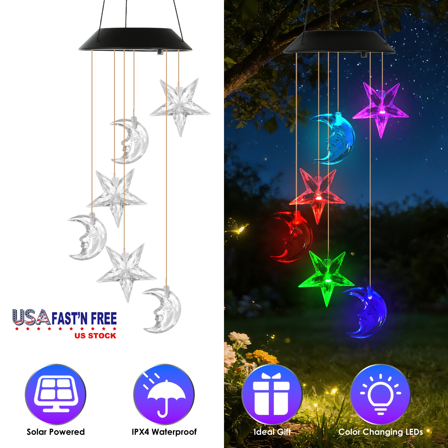 2Pack Solar Moon and Star Wind Chimes 7 Color Changing Wind Chimes for Outside IPX4 Waterproof Outdoor Garden Yard Decor - Image 6