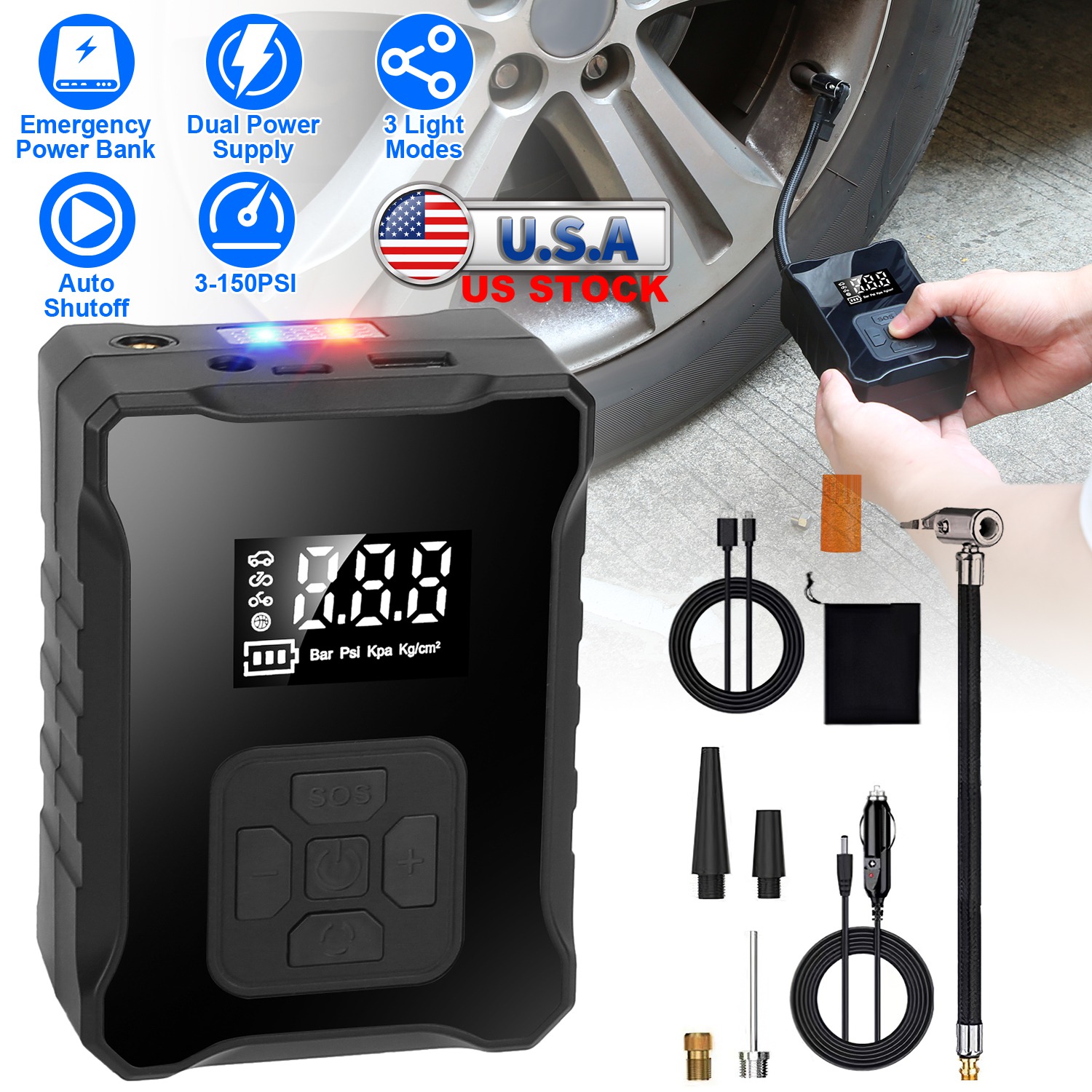 150PSI Cordless Tire Inflator with Car Charger Digital Air Compressor with LED Light Emergency Power Bank for Cars Motorcycles Bicycles Balls - Image 8