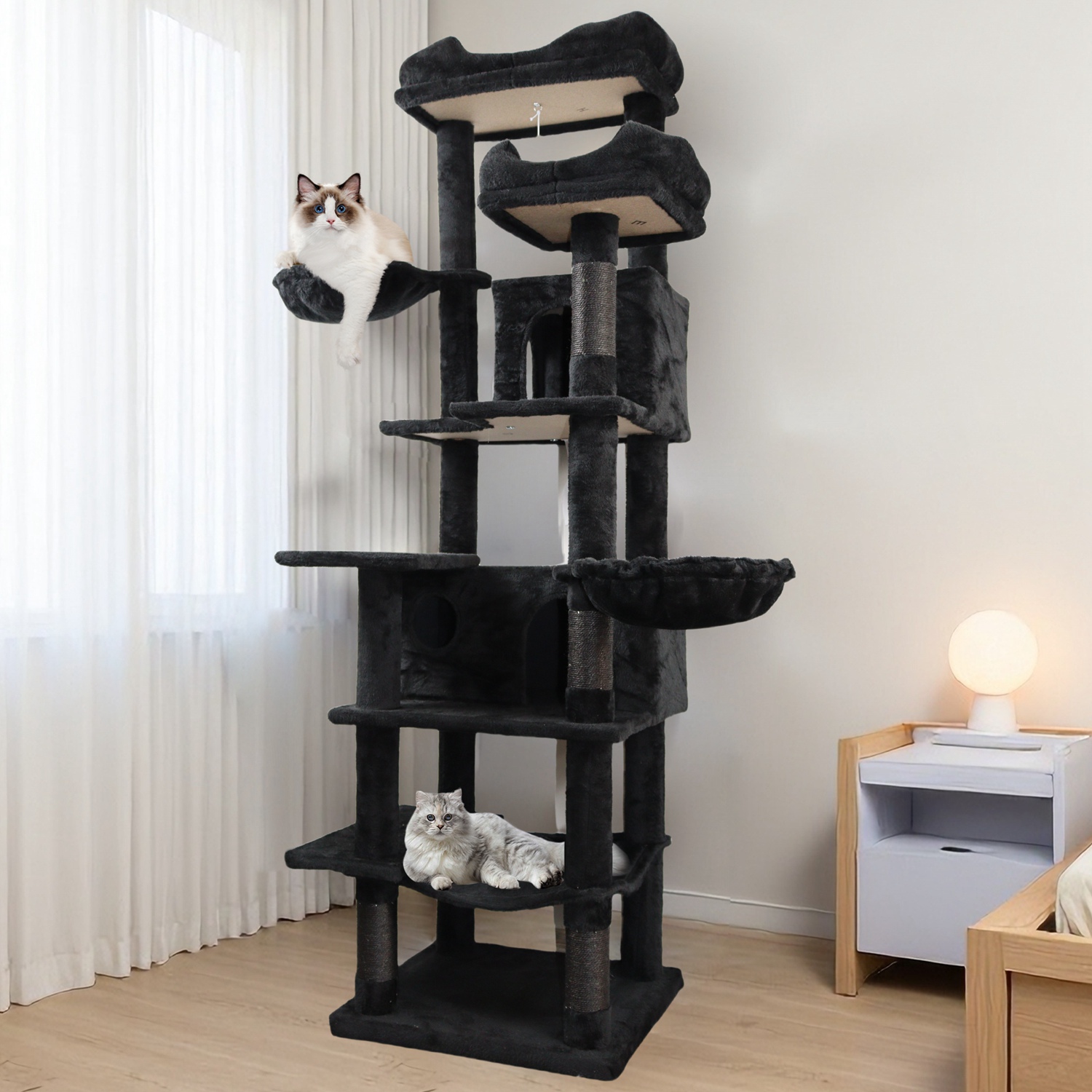68in Multi-Level Cat Tree Tower with Hammocks, Cat Condo, Hanging Basket, Removable Cushions & Sisal Scratching Posts, Plush Cat Activity Center for I - Image 6