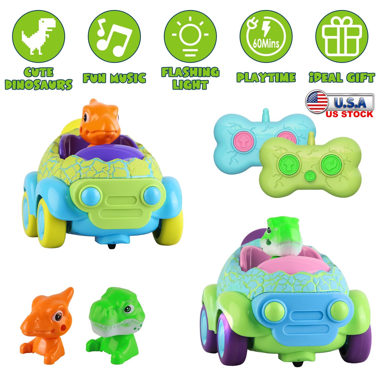 2Pack Dinosaur Remote Control Cars for Toddlers Rechargeable RC Cars with Light Music Birthday Gift For Boys Girls Aged 3 4 5 6 Years Old - Image 5