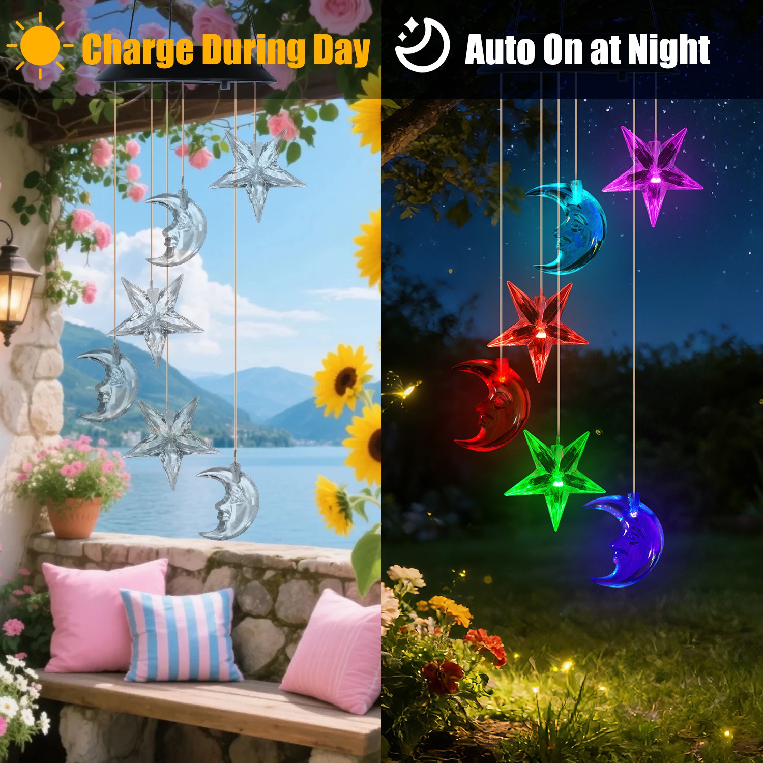 2Pack Solar Moon and Star Wind Chimes 7 Color Changing Wind Chimes for Outside IPX4 Waterproof Outdoor Garden Yard Decor - Image 9