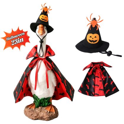 Porch Goose Halloween Costume for 23" Goose Statue Pumpkin Spider Wizard Hat, Red & Black Cape Outfit Halloween Yard Decor