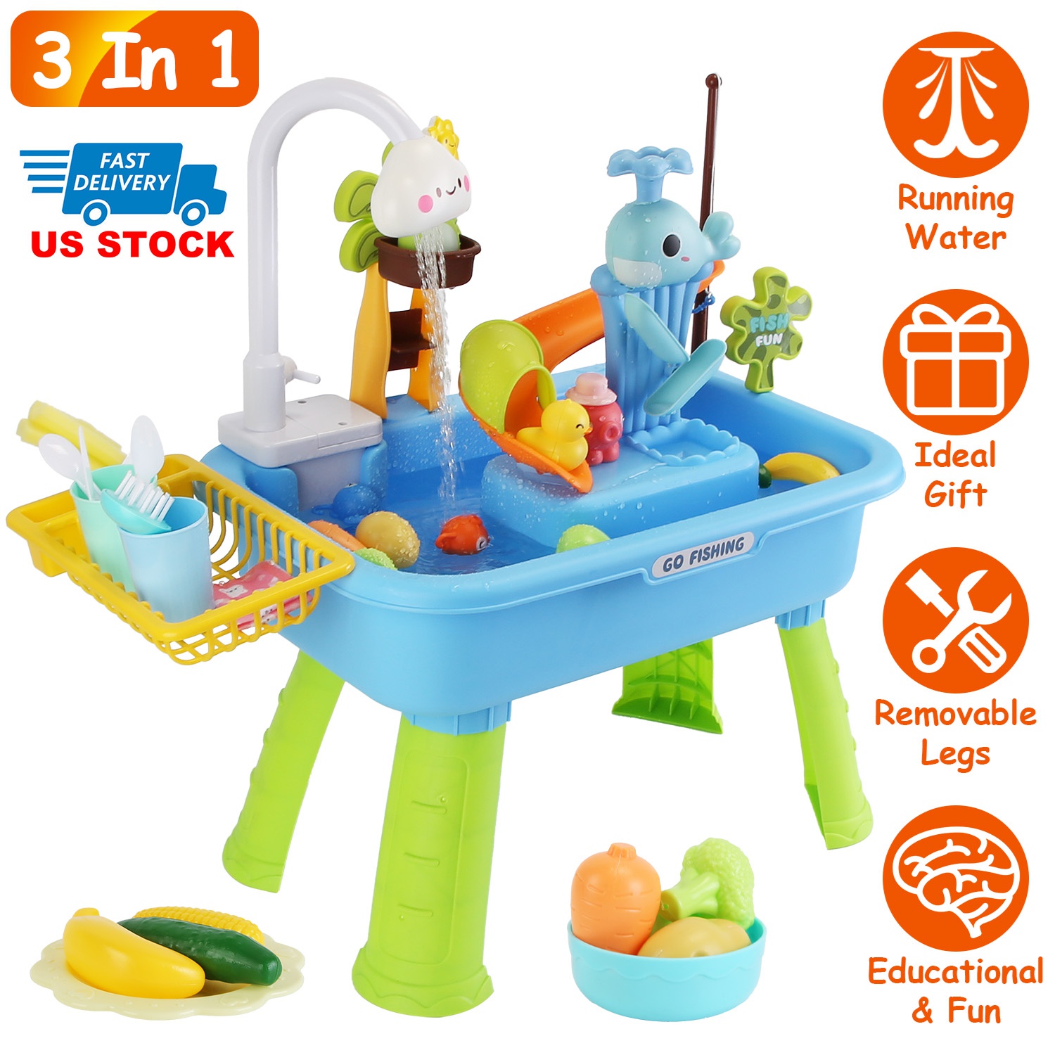 3 In 1 Kitchen Sink Toy with Electric Faucet Water Table Fishing Game Role Play Sink Set Indoor Outdoor for Kids Aged 3+ Years Old - Image 5