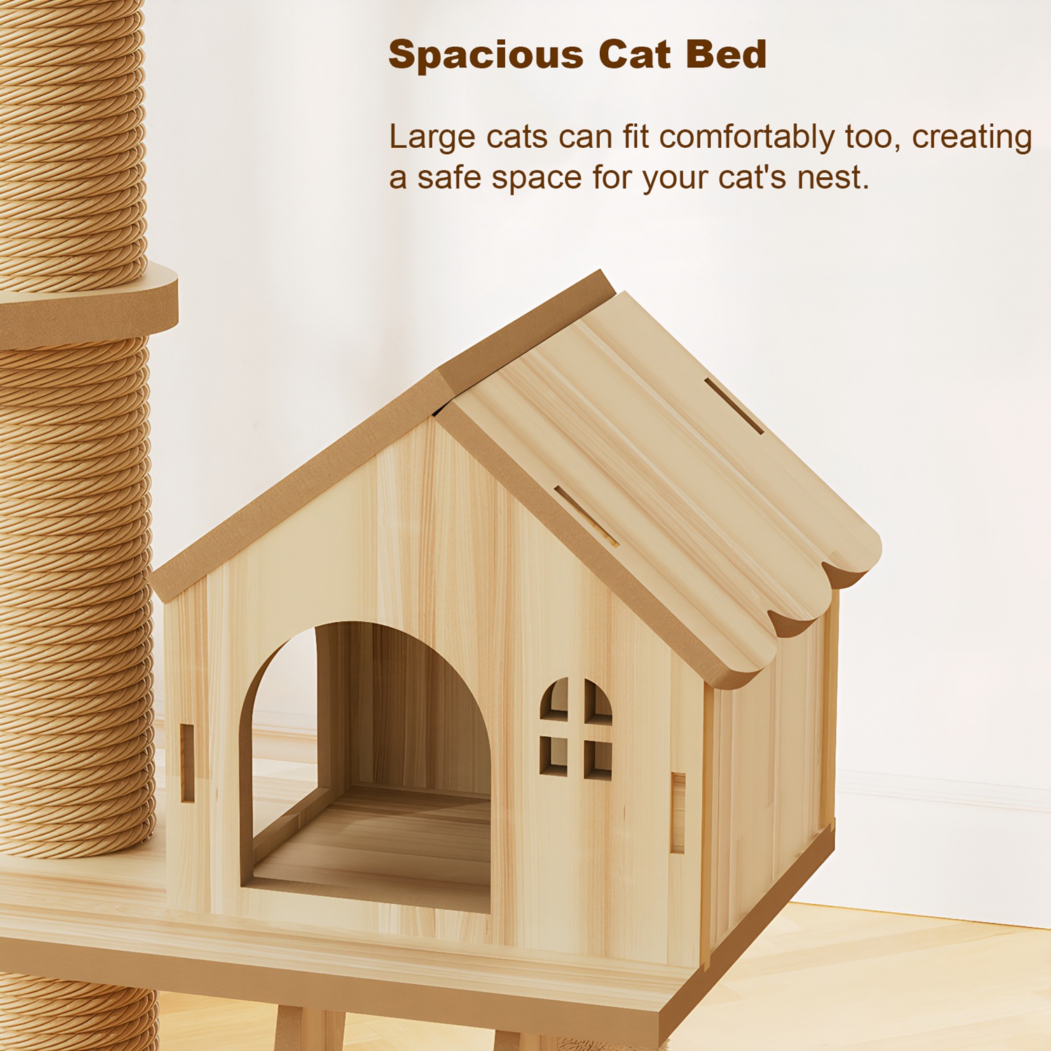 Floor to Ceiling Cat Tree, Adjustable Height Wooden Cat Tower with Cat Condo, Acrylic Hammock, Sisal Scratching Post & Cat Toy, Natural Floor-to-Ceili - Image 8
