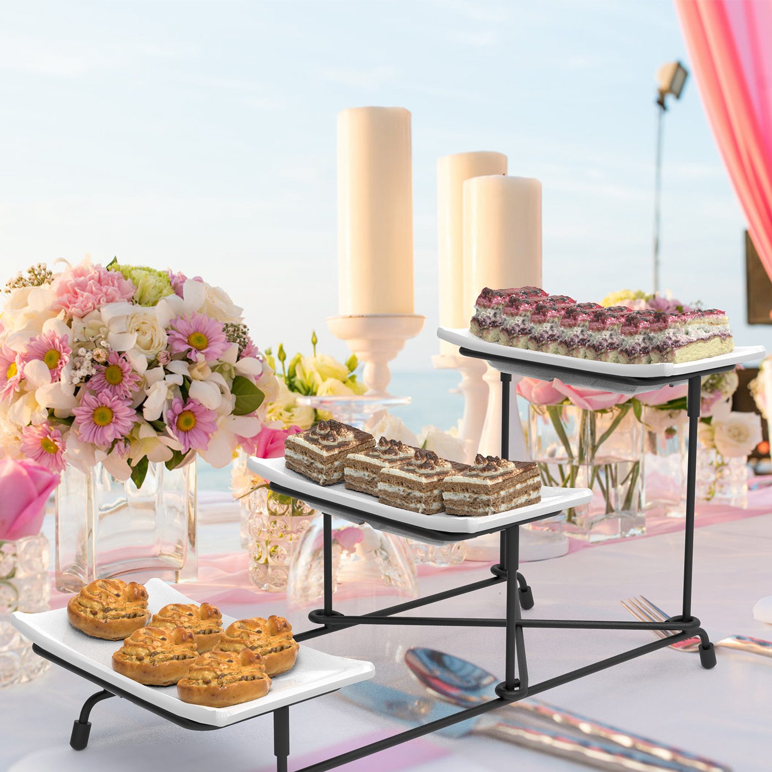 3-Tier Plastic Serving Tray Dessert Server Display Serving Stand Dinnerware with 3 Rectangular Plastic Serving Platters Metal Stand for Entertaining F - Image 9