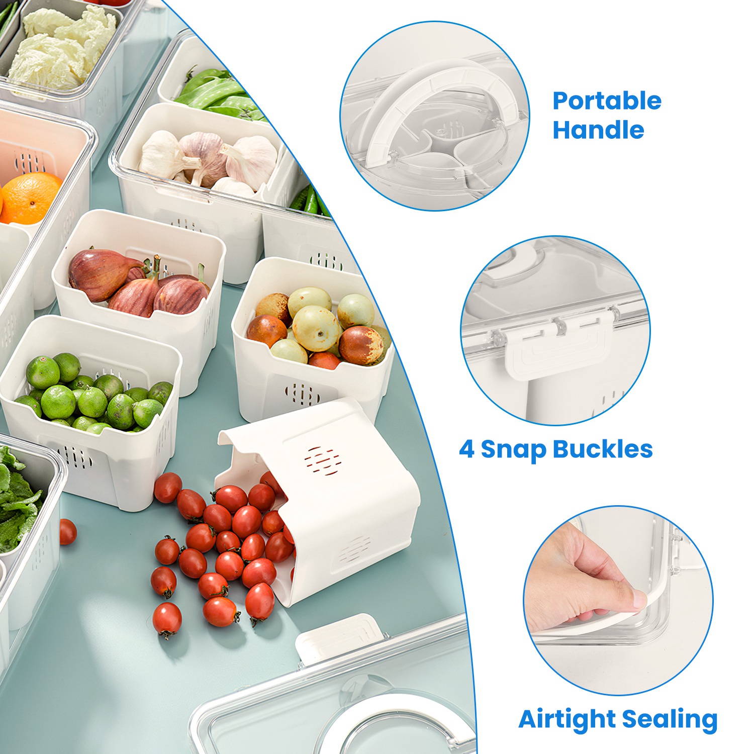 2Pack Airtight Fruit Storage Containers 4-Compartment Food Storage Containers Fruit Vegetable Organizers with 8 Removable Colanders for Fridge Picnic - Image 9