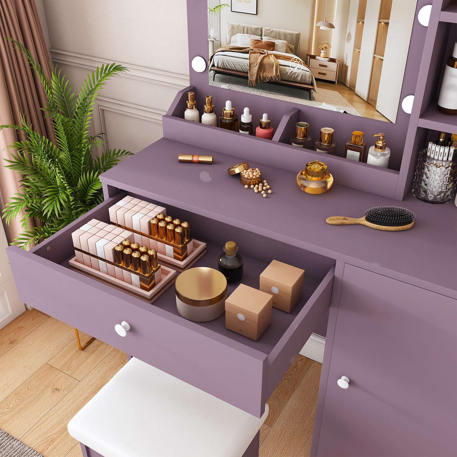 Purple Vanity Desk Set with Lighted Mirror & Padded Stool, Modern Makeup Vanity with 3 Color Modes & Round Bulbs, Bedroom Dressing Table Combo - Image 9