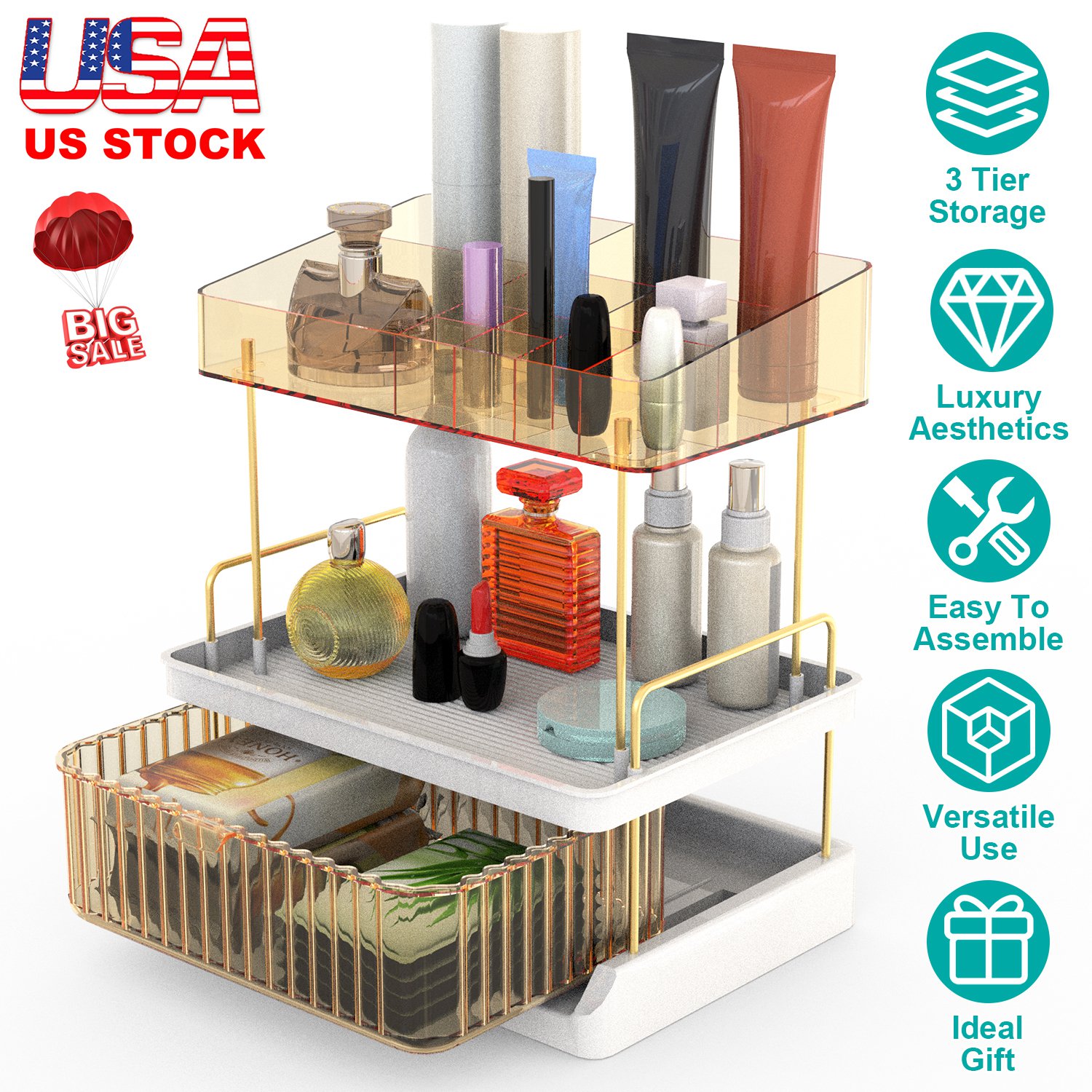 3 Tier Makeup Organizer for Vanity Large Capacity Skincare Shelf Bathroom Countertop Organizer with Drawer for Lipsticks Lotion Toner Perfumer Masks - Image 5