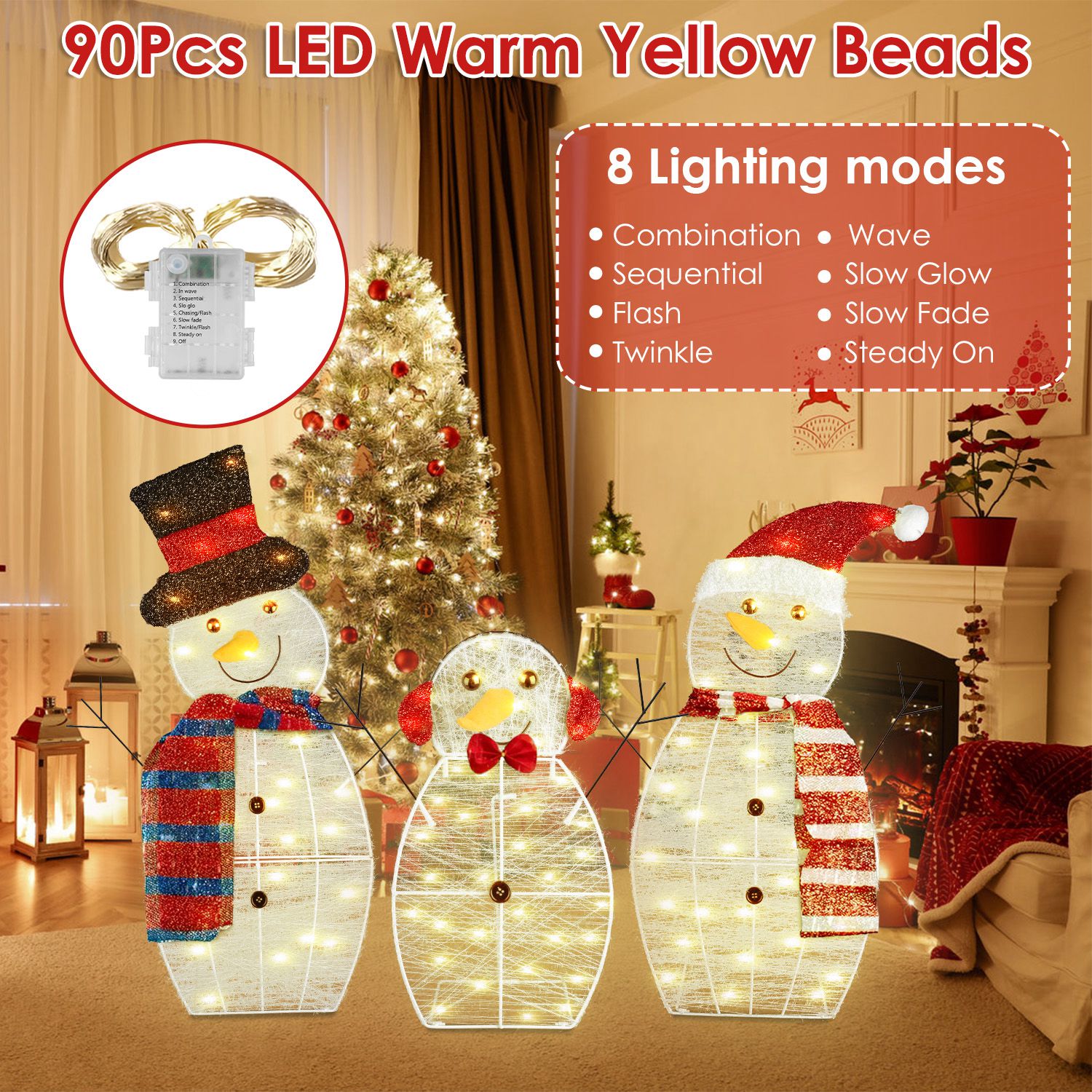 3Pcs 2D Christmas Snowman Yard Decoration Snowman Family Outdoor Decoration With 90Pcs LED Warm Yellow Lights 8 Lighting Modes IP44 Waterproof For Chr - Image 9
