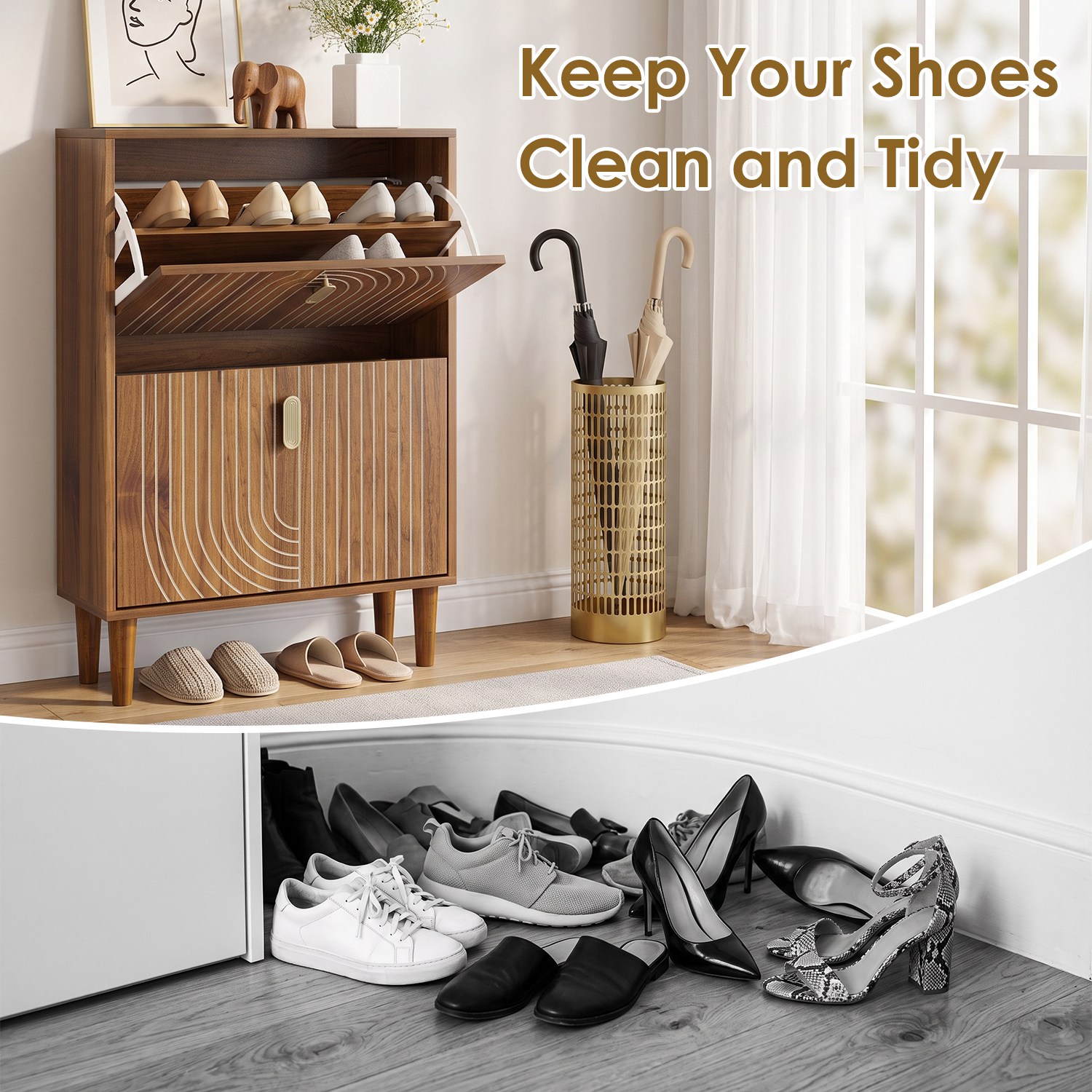 Forbidden to Sell on Amazon Line Groove Narrow Shoe Storage Cabinet with 2 Flip Drawers, Freestanding Slim Shoe Rack with Gold Metal Handles for Entry - Image 3